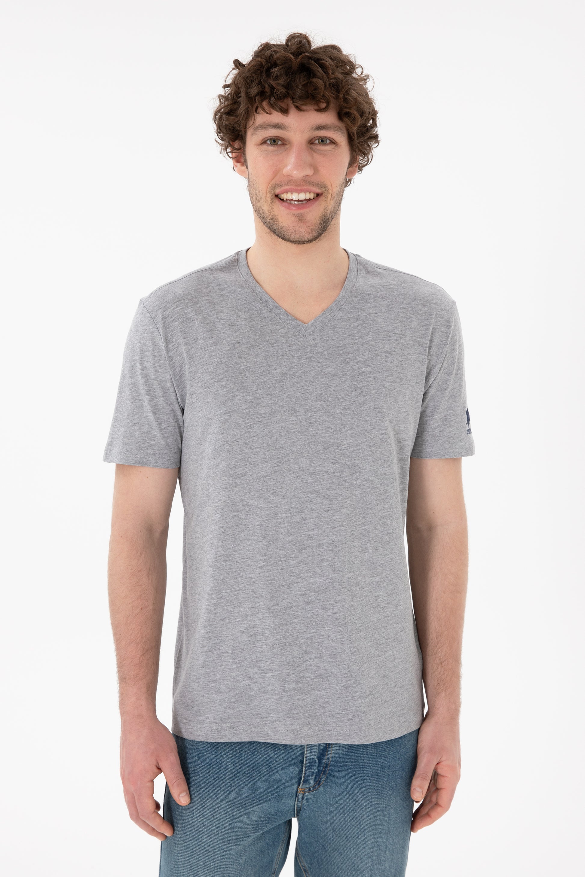 Men's Regular Fit V-Neck Grey Melange Basic T-Shirt