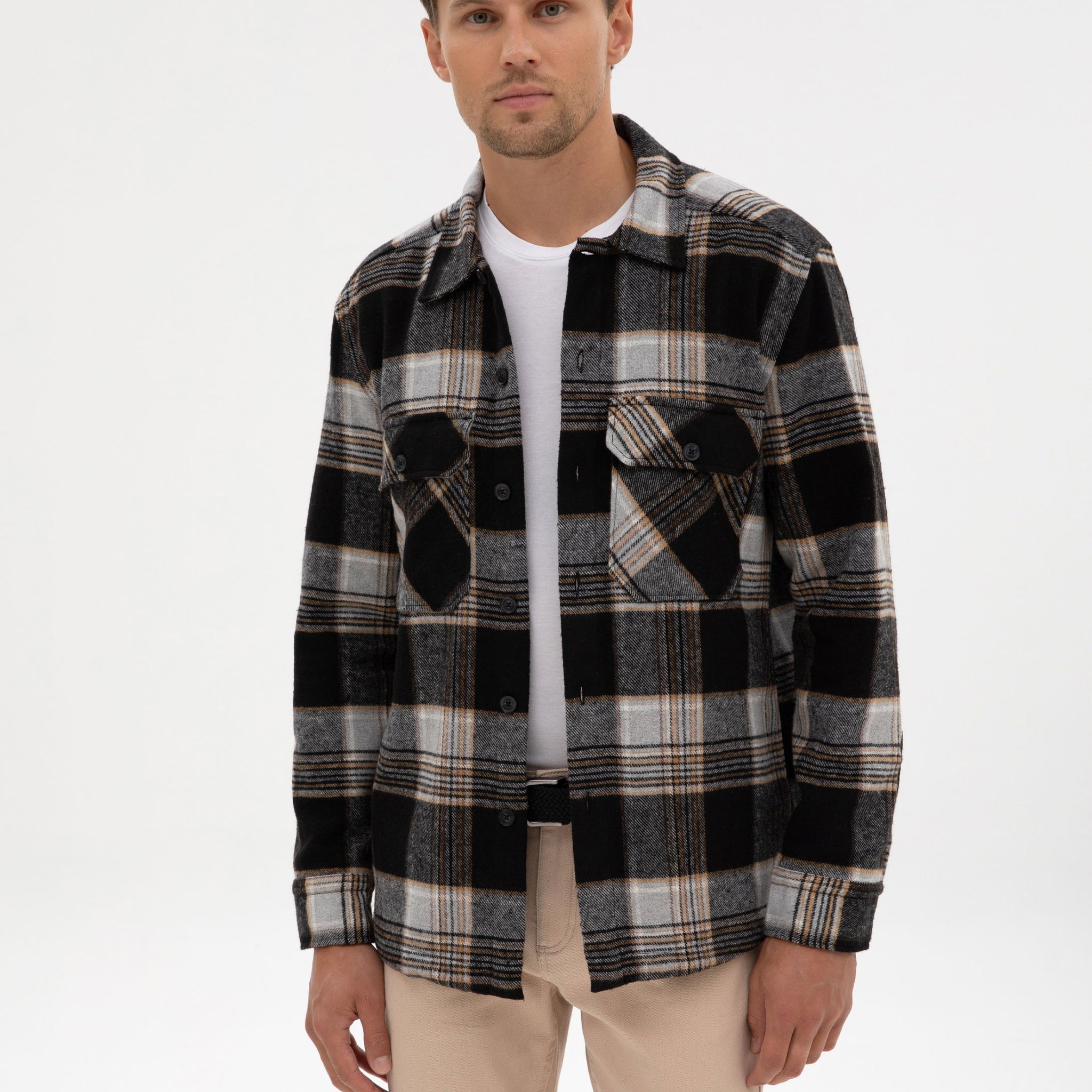 Black Classic Collar Double Pockets Lumberjack Shirt Jacket