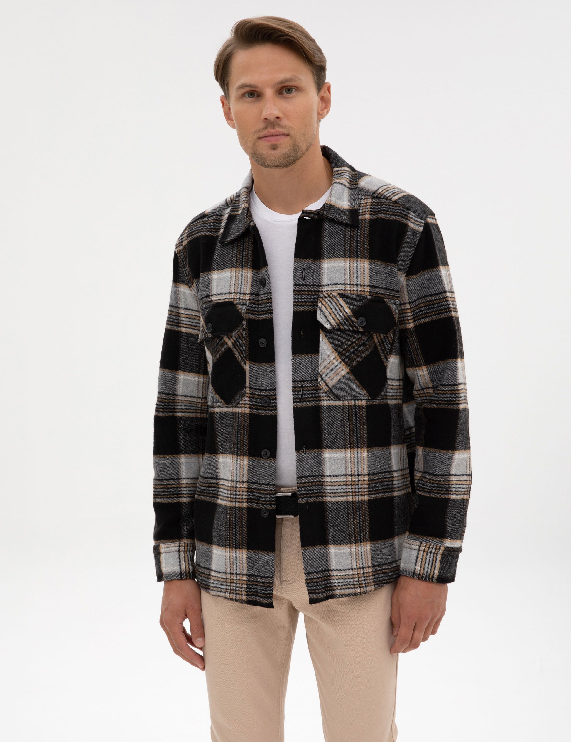 Black Classic Collar Double Pockets Lumberjack Shirt Jacket