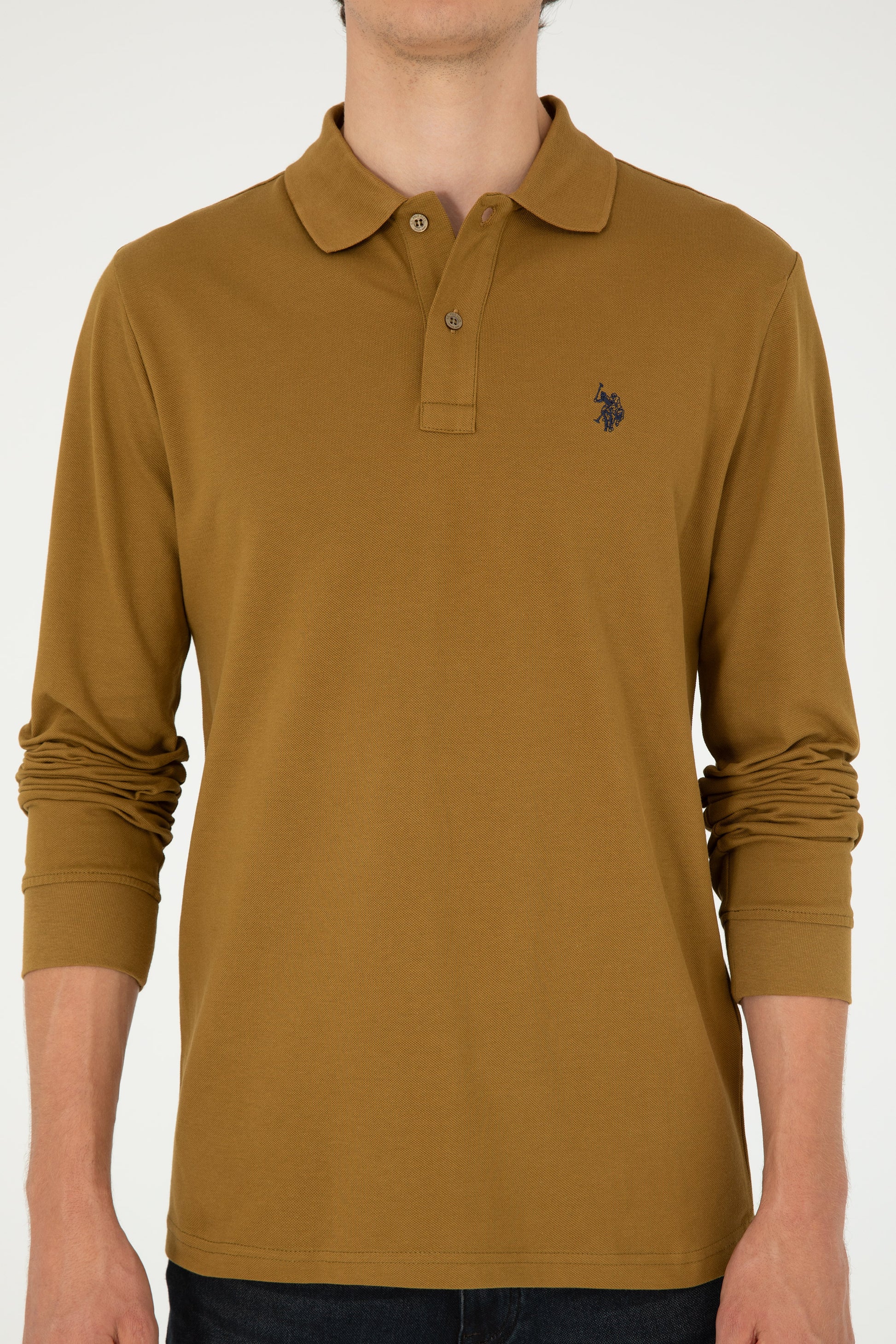 Men's Regular Fit Polo Neck Open Khaki Basic Sweatshirt