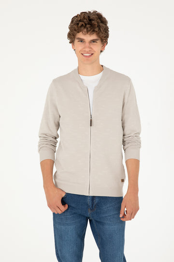 Men's Regular Fit Straight Collar Stone Zipper Knitwear Cardigan