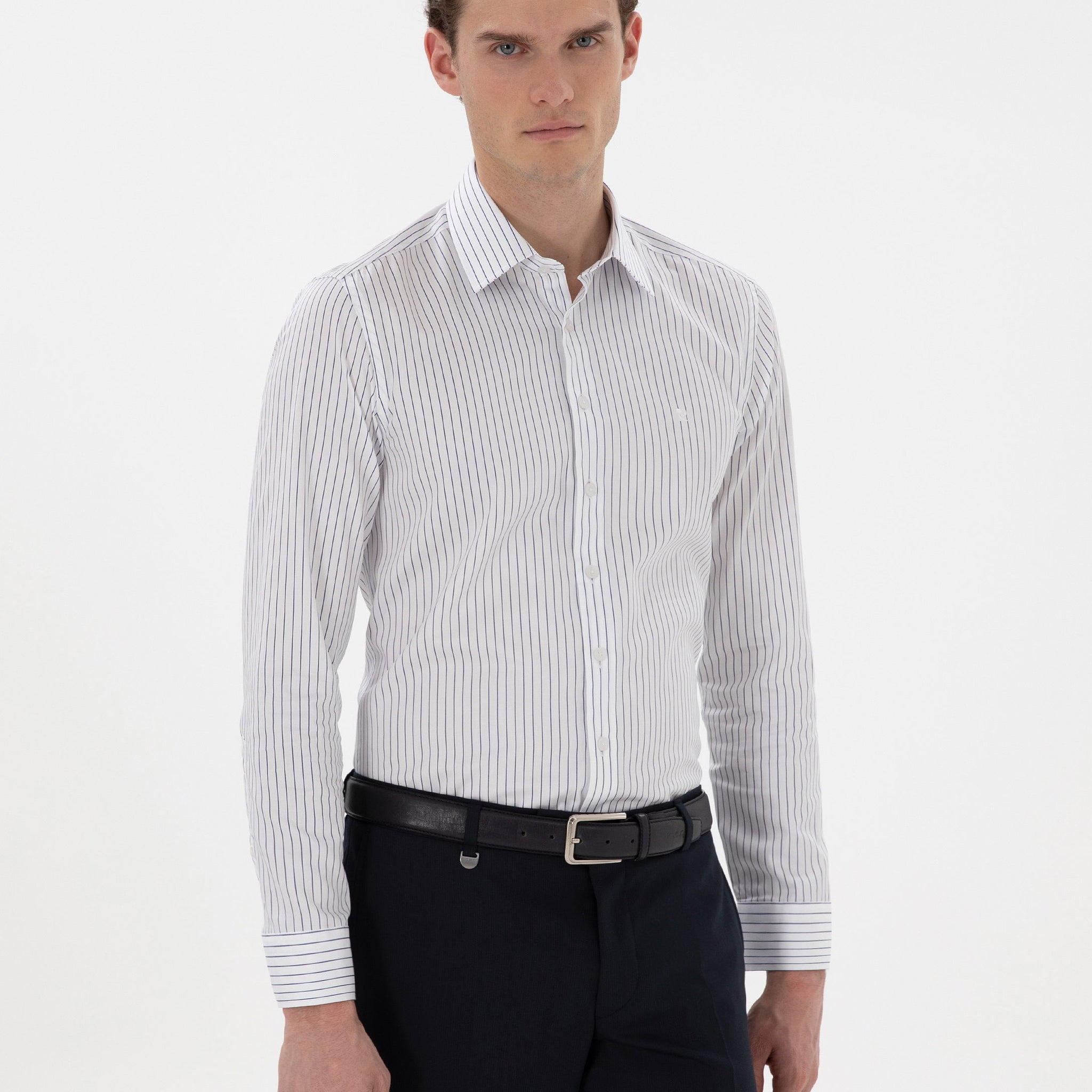 Navy Blue Slim Fit Striped Long Sleeve Shirt