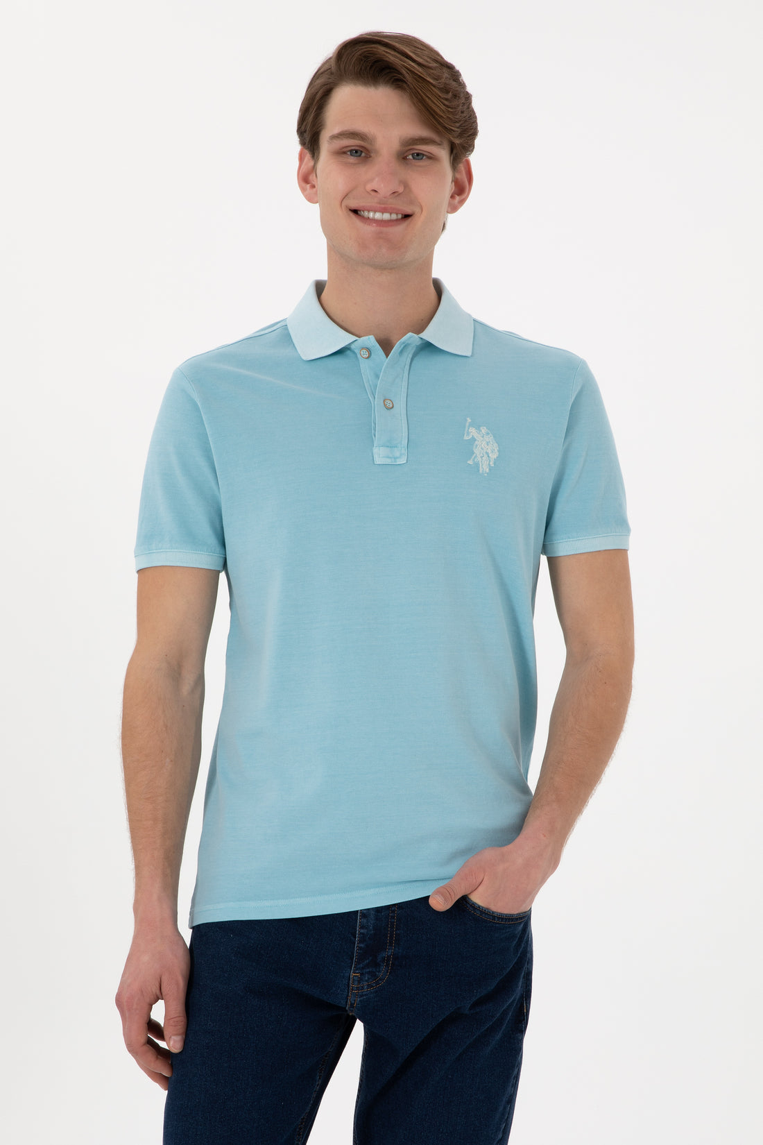 Men's Slim Fit Polo Neck Light Blue Wash Basic T-Shirt