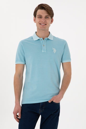 Men's Slim Fit Polo Neck Light Blue Wash Basic T-Shirt