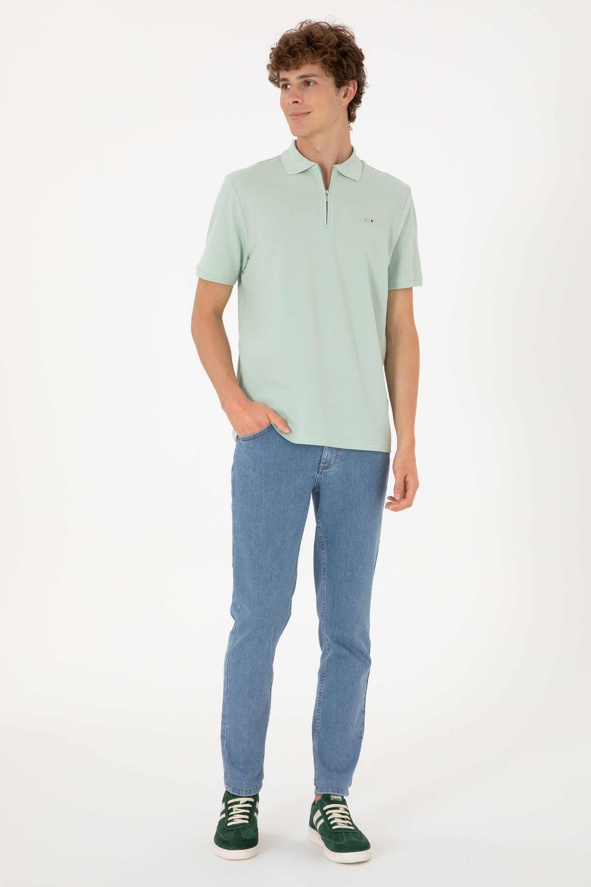 Men's Regular Fit Zipper Water Green T-Shirt