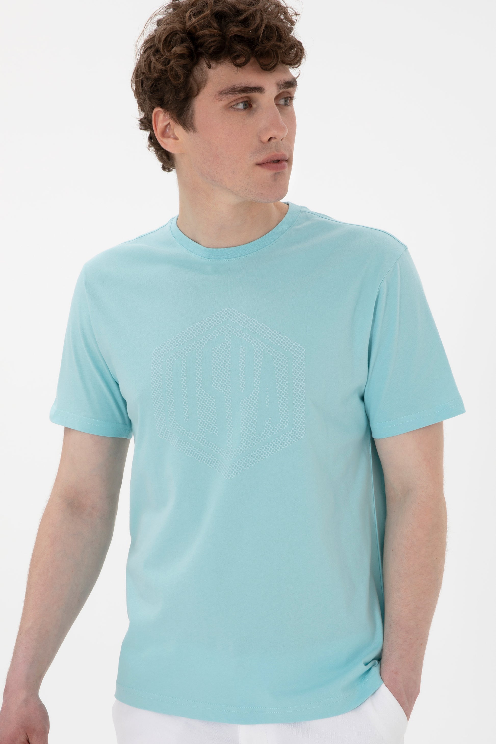 Men's Regular Fit Crew Neck Aqua T-Shirt
