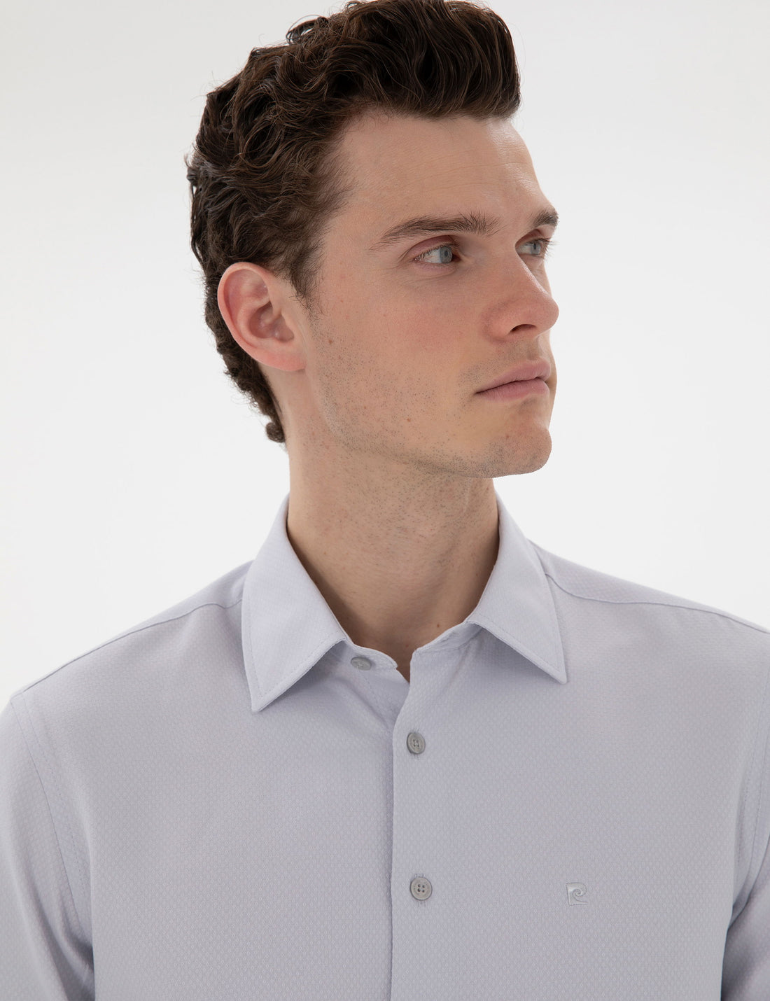 Grey Italian Collar Ruffle Long Sleeve Shirt