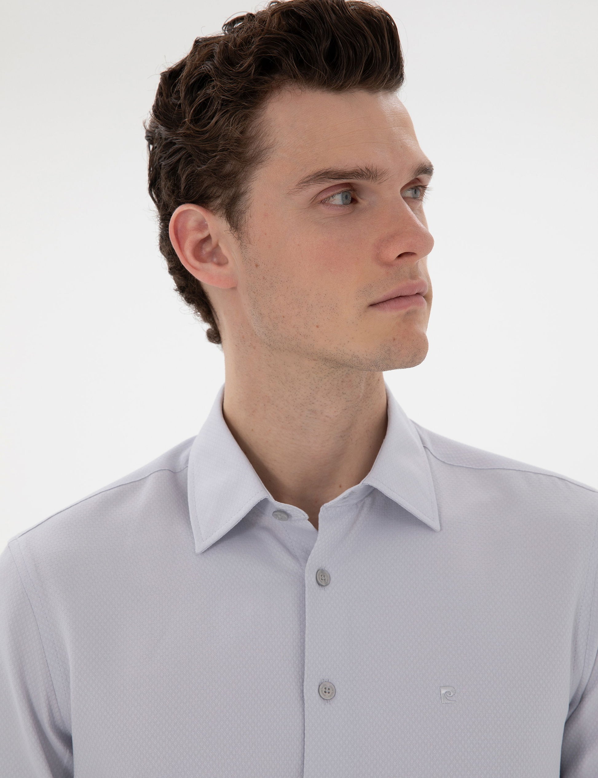 Grey Italian Collar Ruffle Long Sleeve Shirt