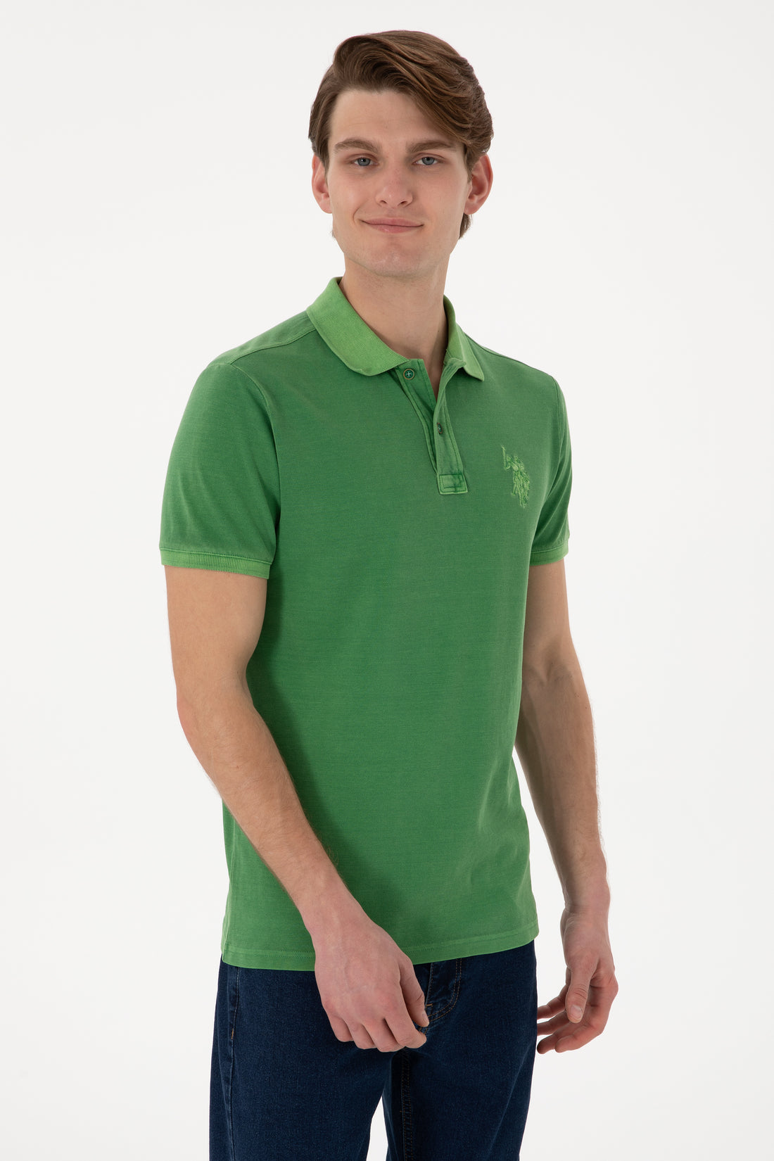 Men's Slim Fit Polo Neck Green Wash Basic T-Shirt