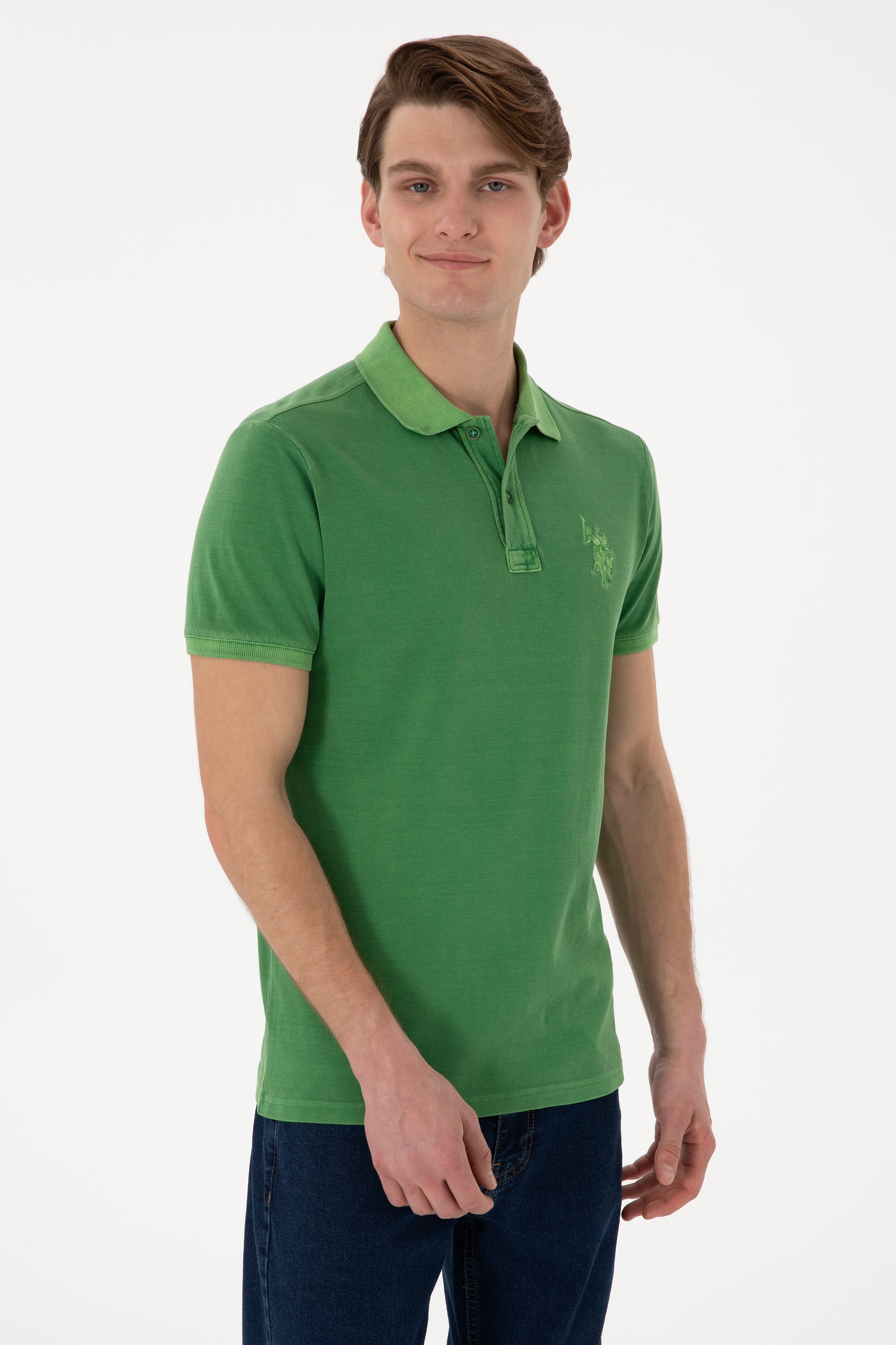 Men's Slim Fit Polo Neck Green Wash Basic T-Shirt