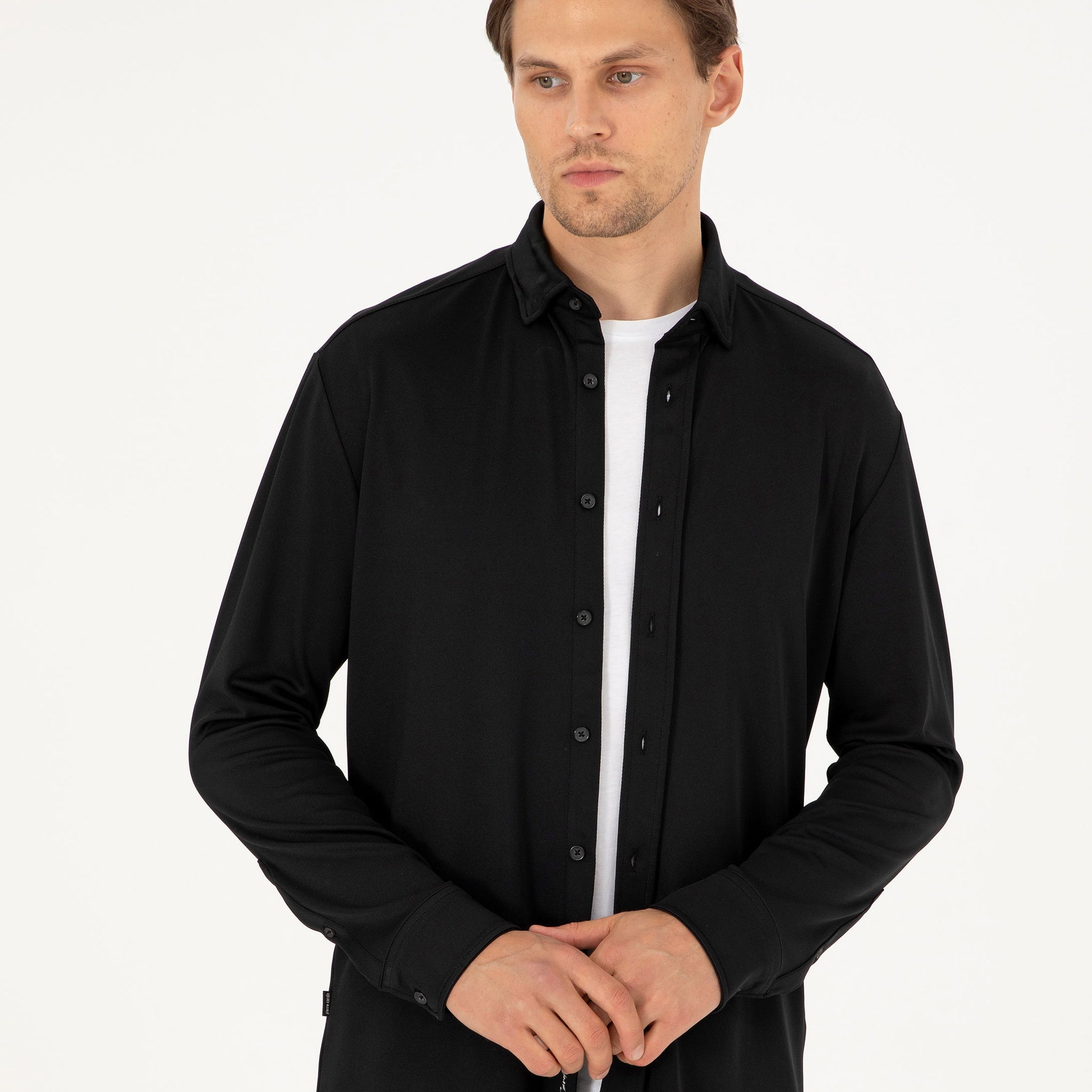 Black Slim Fit Knitted Shirt