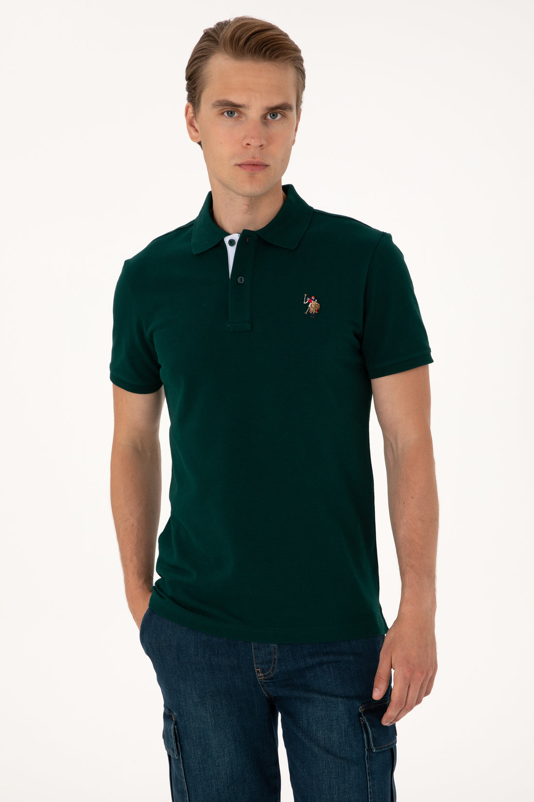 Men's Slim Fit Polo Neck Dark Green Basic T-Shirt