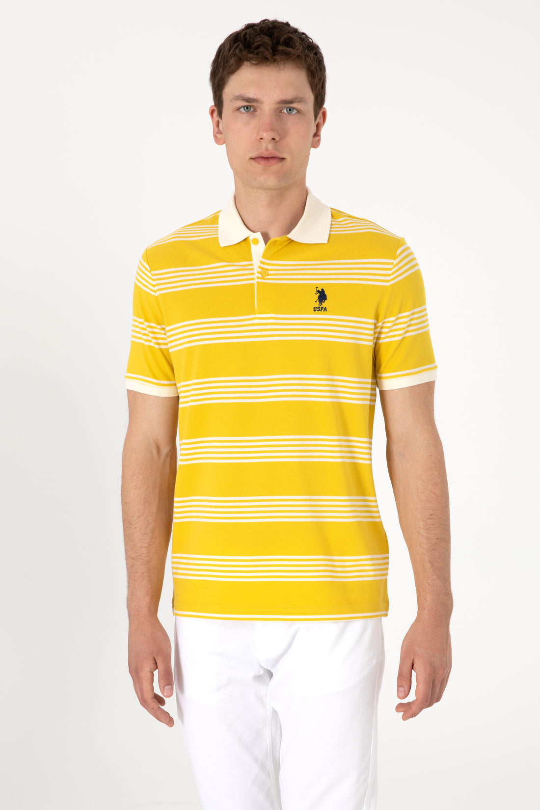 Men's Regular Fit Polo Neck Yellow Striped T-Shirt