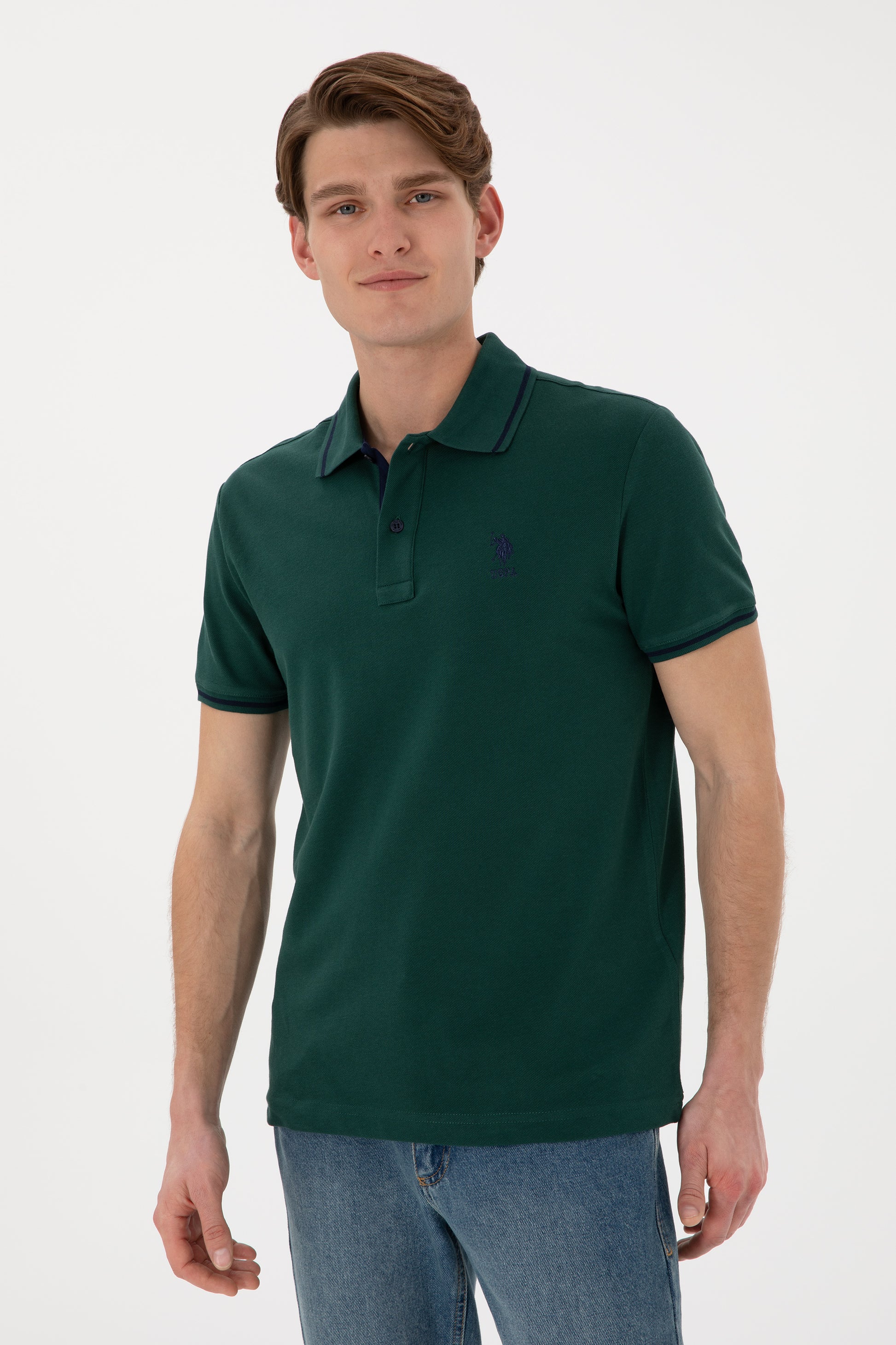 Men's Slim Fit Polo Neck Dark Green Basic T-Shirt