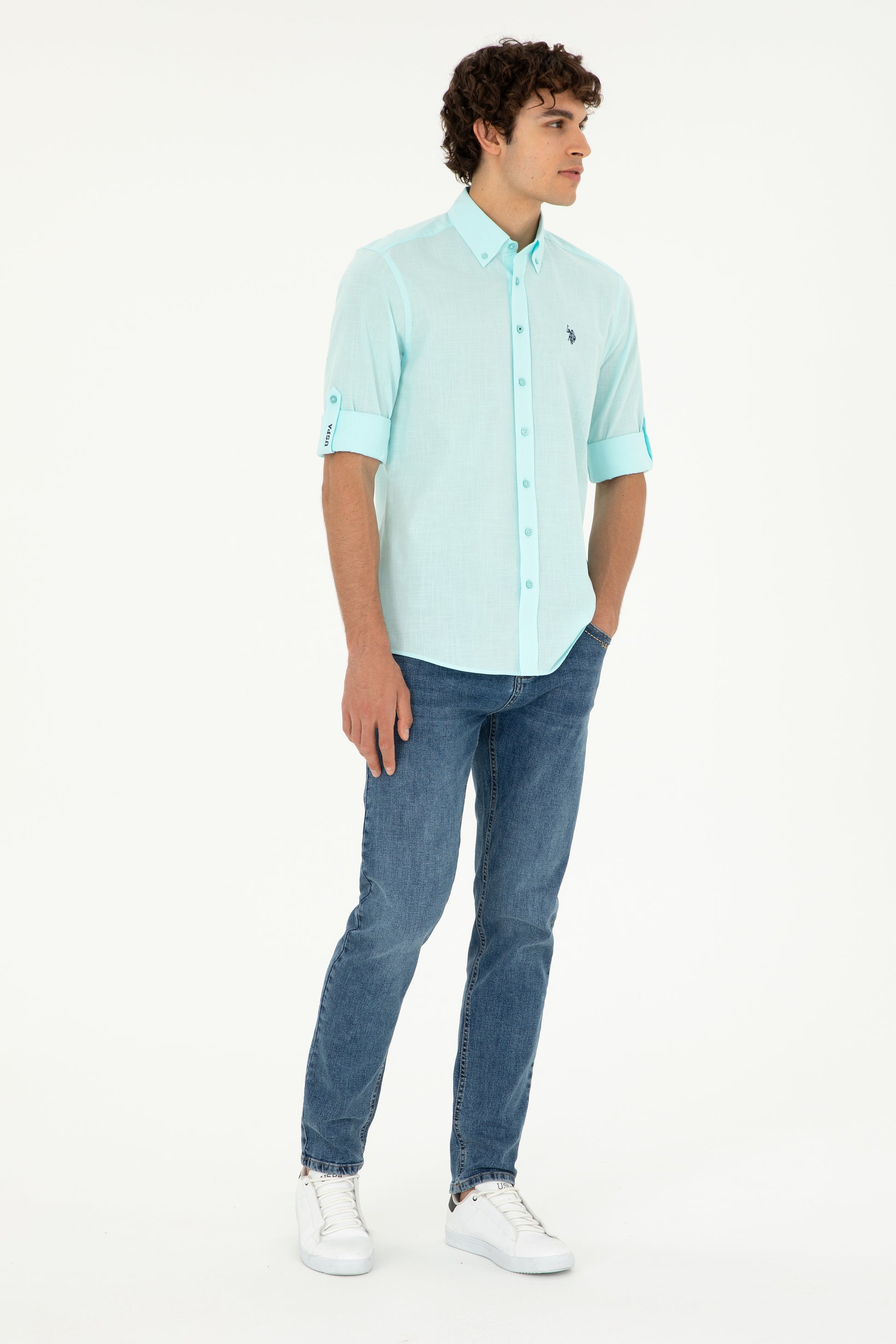 Men's Water Green Long Sleeve Basic Shirt