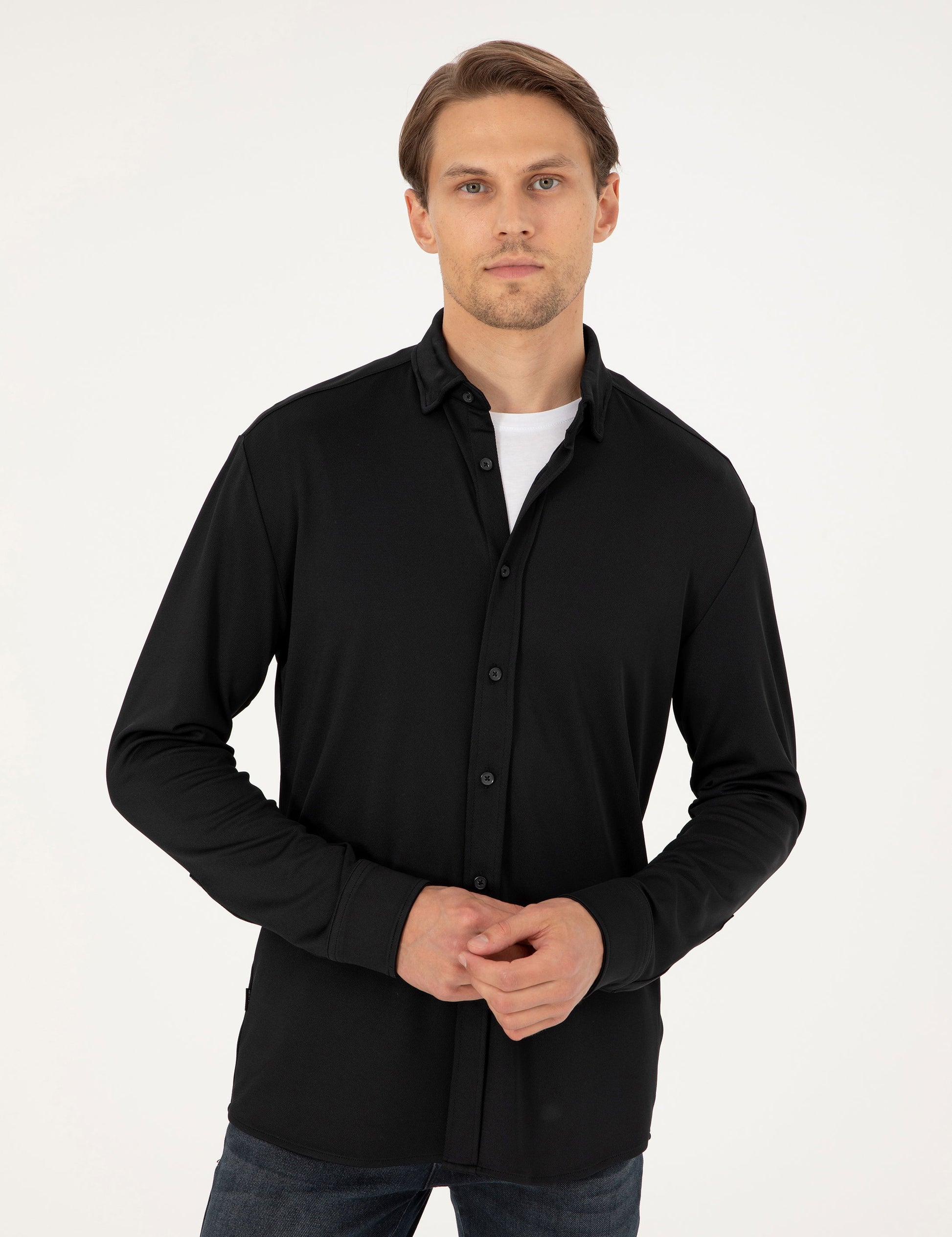 Black Slim Fit Knitted Shirt