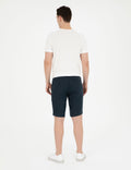 Navy Blue Slim Fit Linen Elastic Waist Woven Shorts