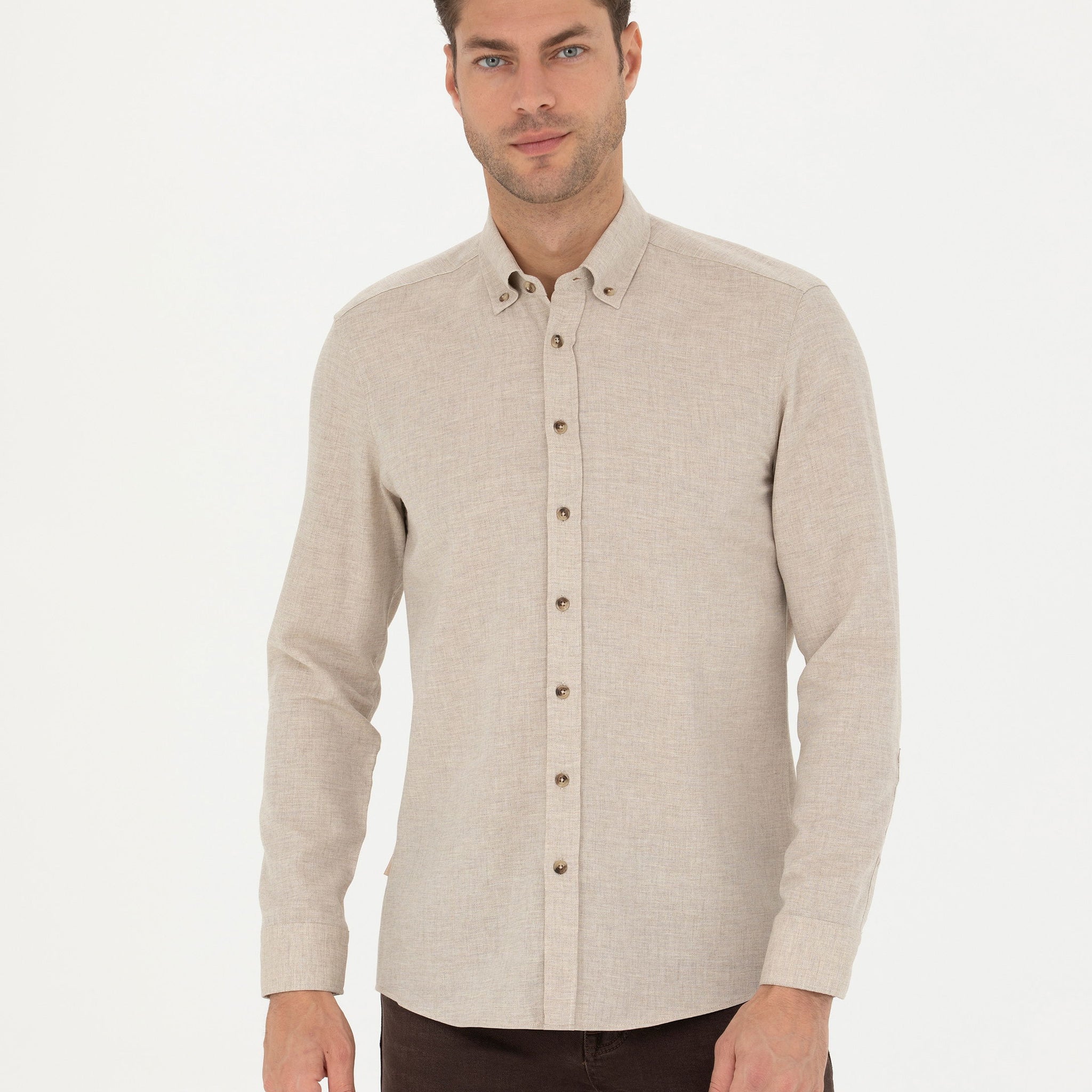 Beige Slim Fit Long Sleeve Shirt