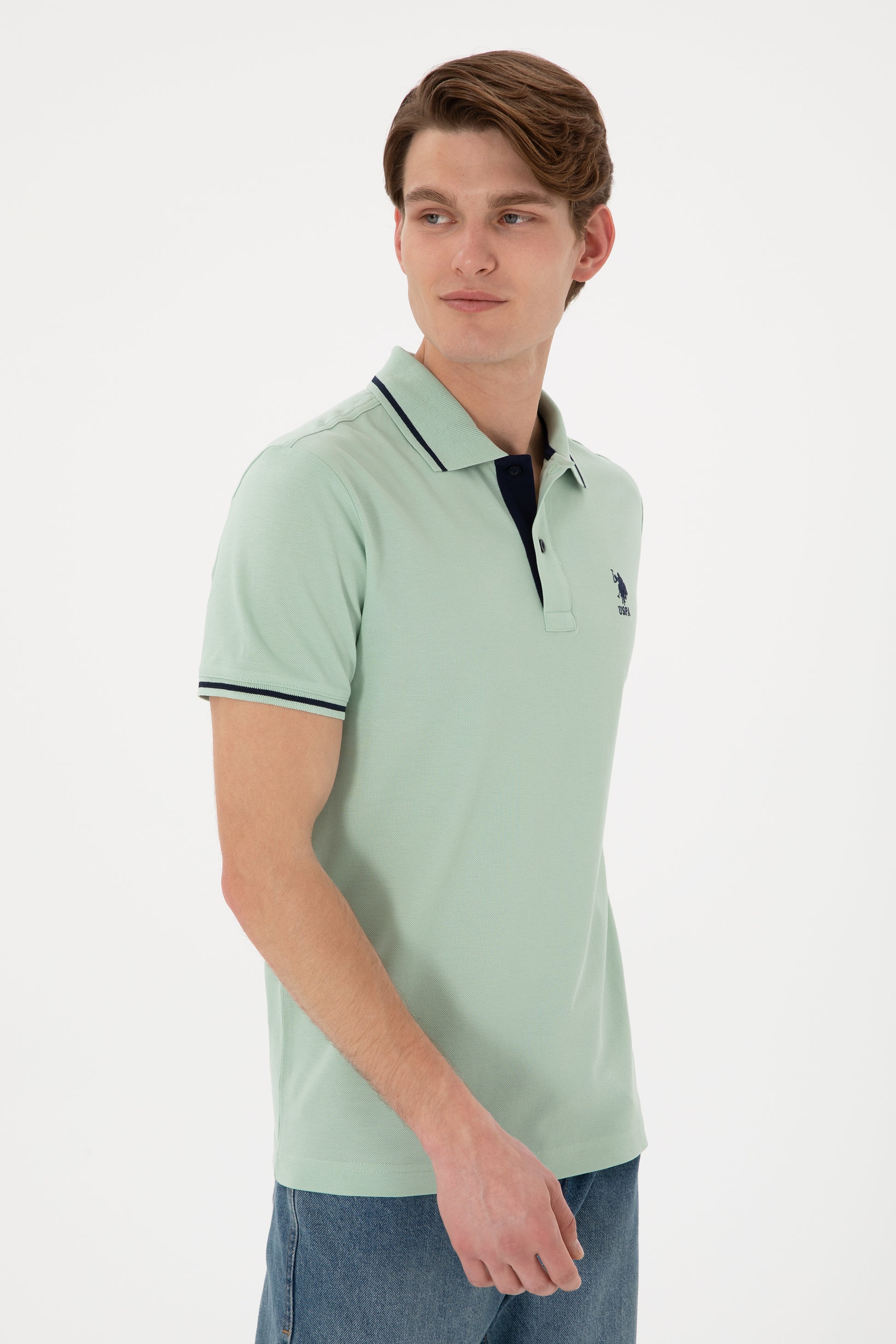Men's Slim Fit Polo Neck Water Green Basic T-Shirt
