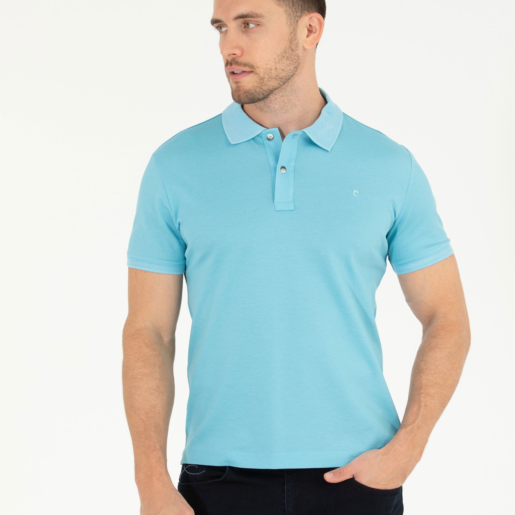 Light Blue Slim Fit Polo Neck Mercerized T-Shirt