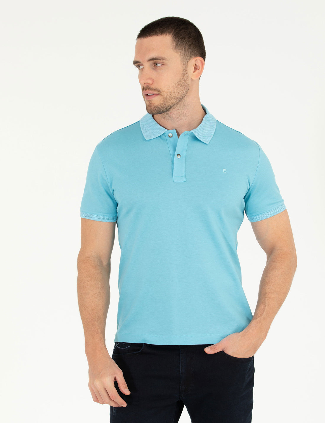 Light Blue Slim Fit Polo Neck Mercerized T-Shirt