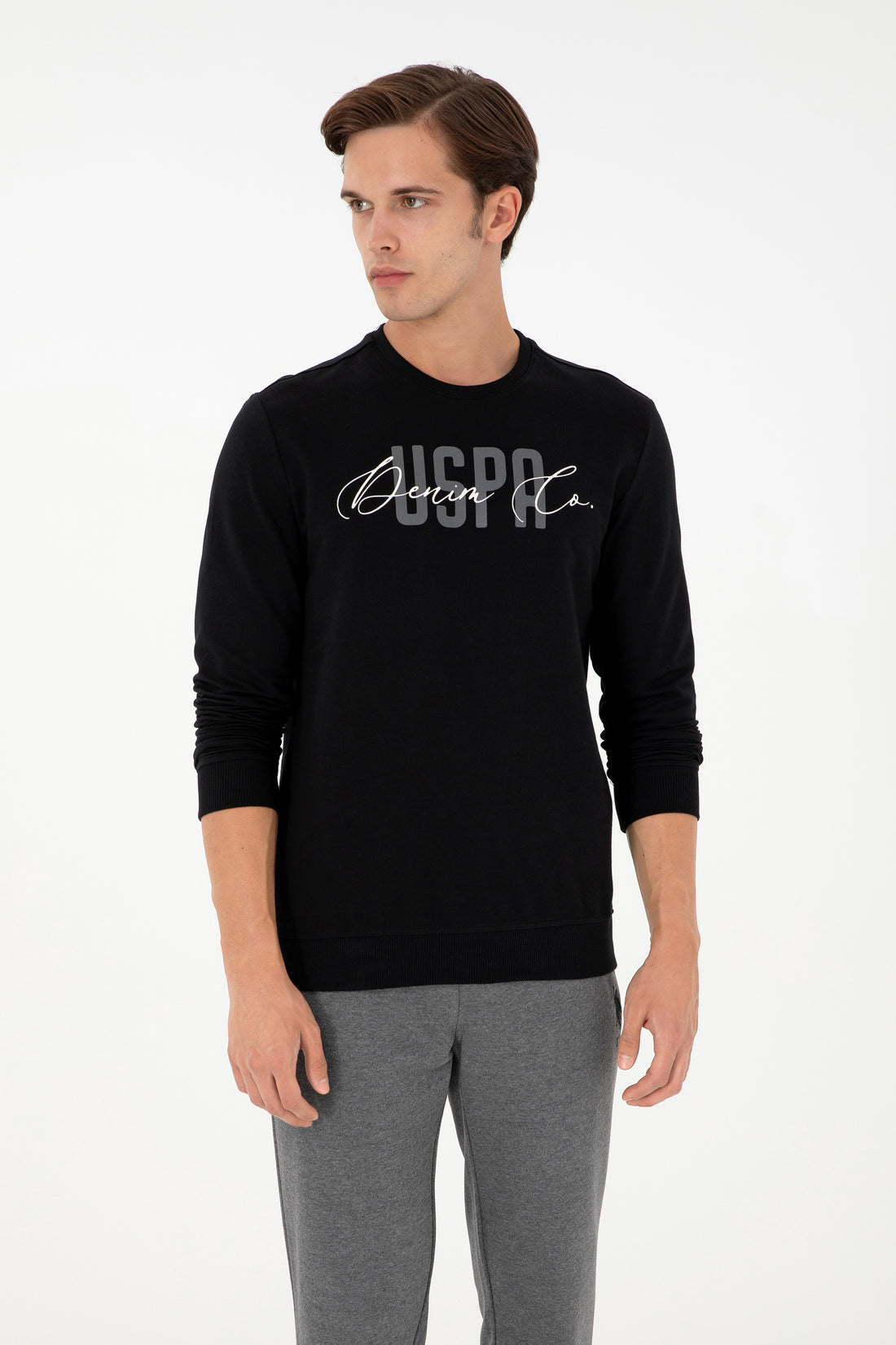 Men's Regular Fit Crew Neck Printed Black Sweatshirt