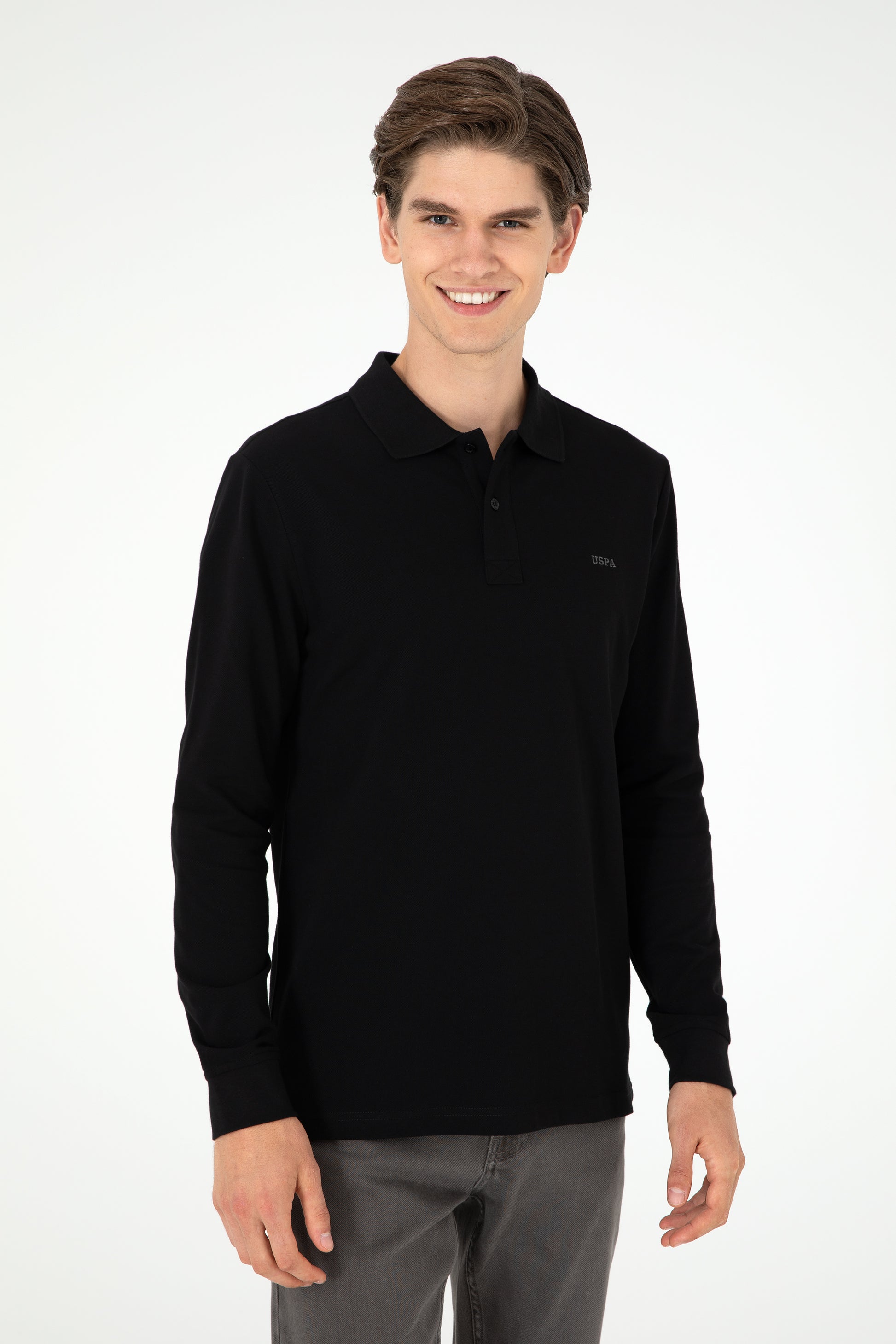 Men's Regular Fit Polo Neck Black Basic Sweatshirt