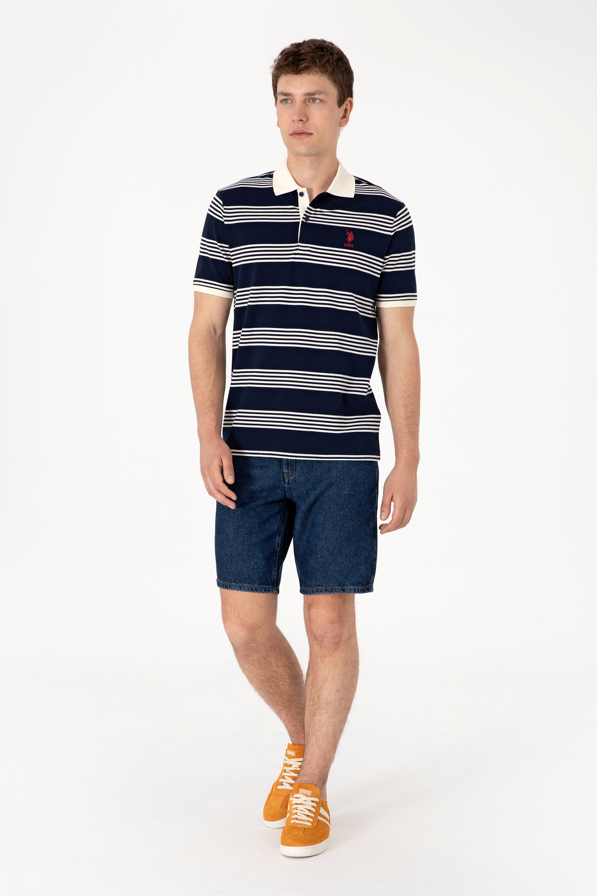 Men's Regular Fit Polo Neck Navy Striped T-Shirt