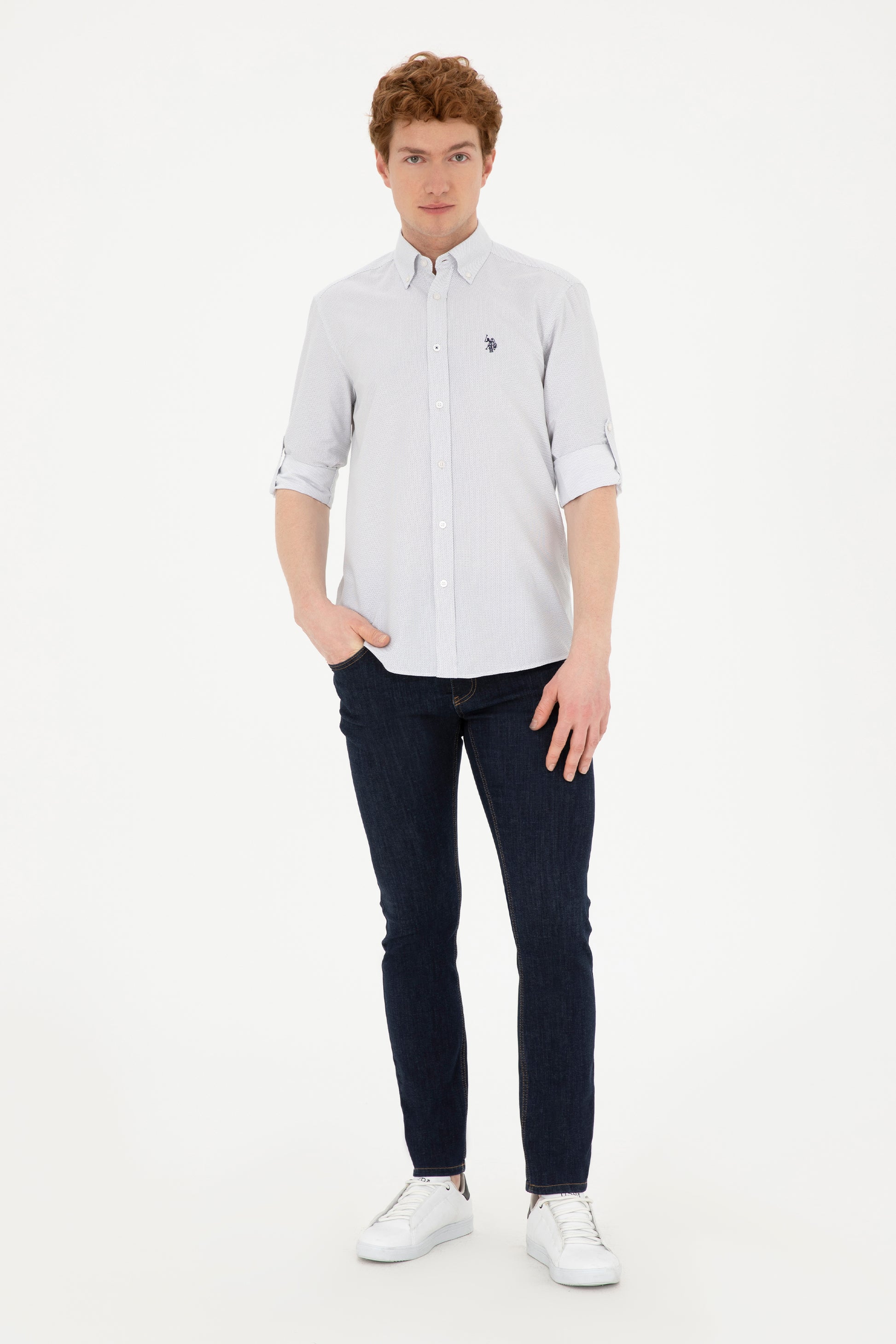 Men's Navy Blue Patterned White Shirt