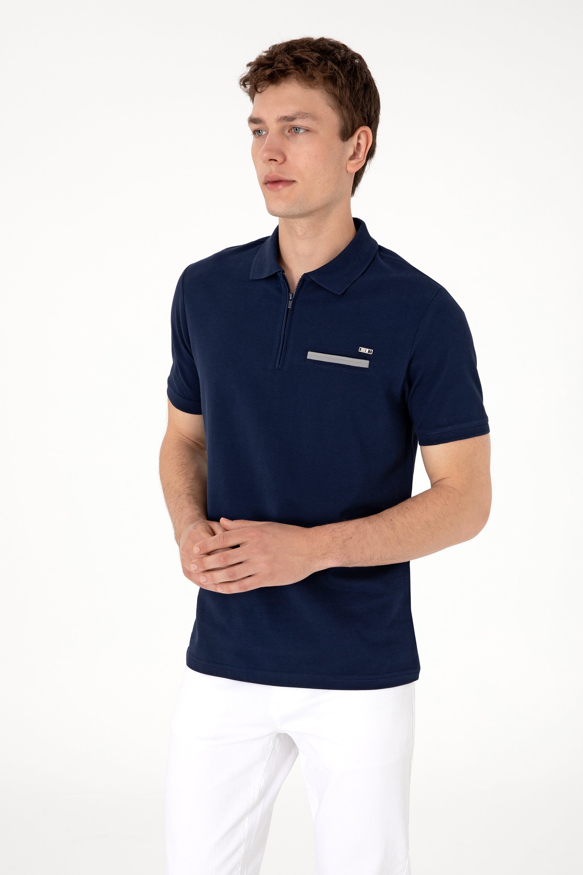 Men's Regular Fit Zipper Navy T-Shirt
