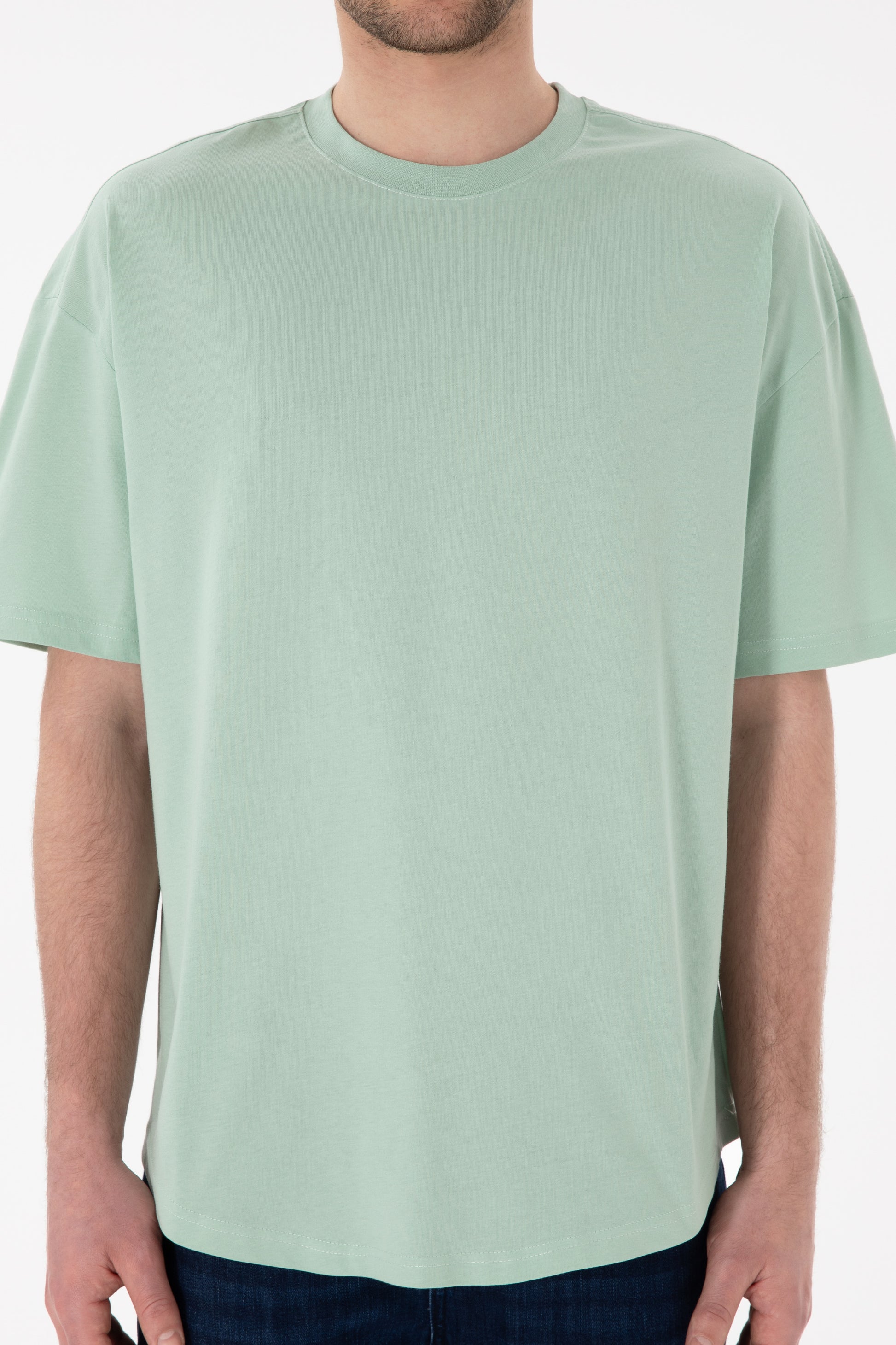 Men's Long Fit Crew Neck Water Green Basic T-Shirt
