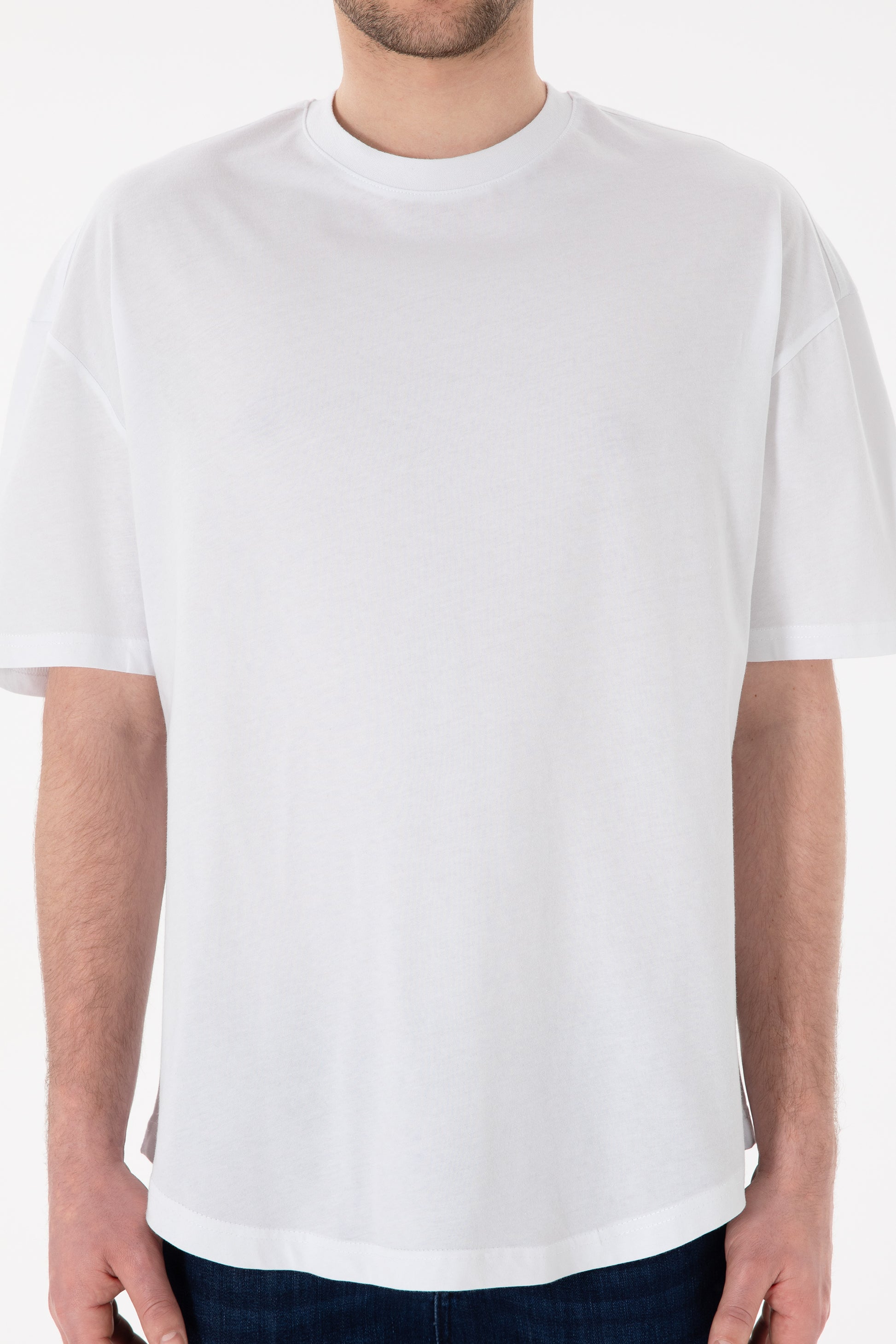 Men's Long Fit Crew Neck White Basic T-Shirt