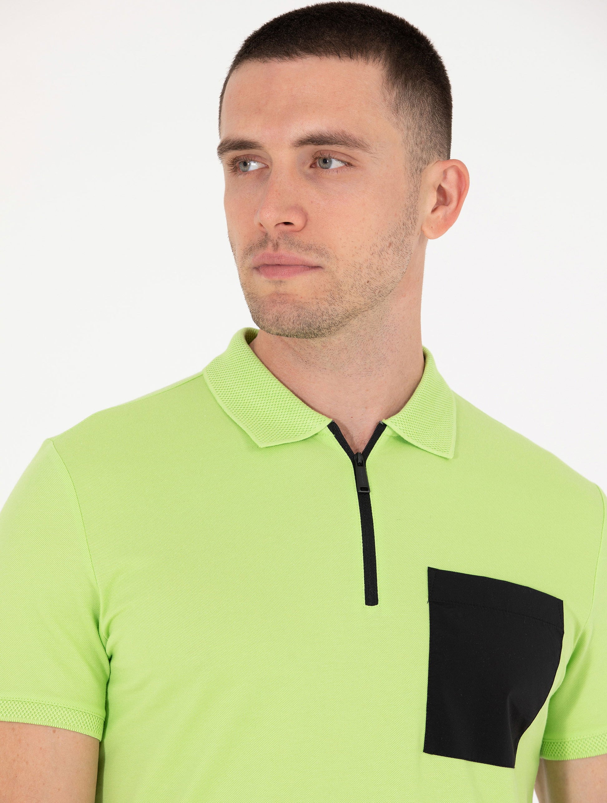 Green Slim Fit Zipper Polo Neck T-Shirt