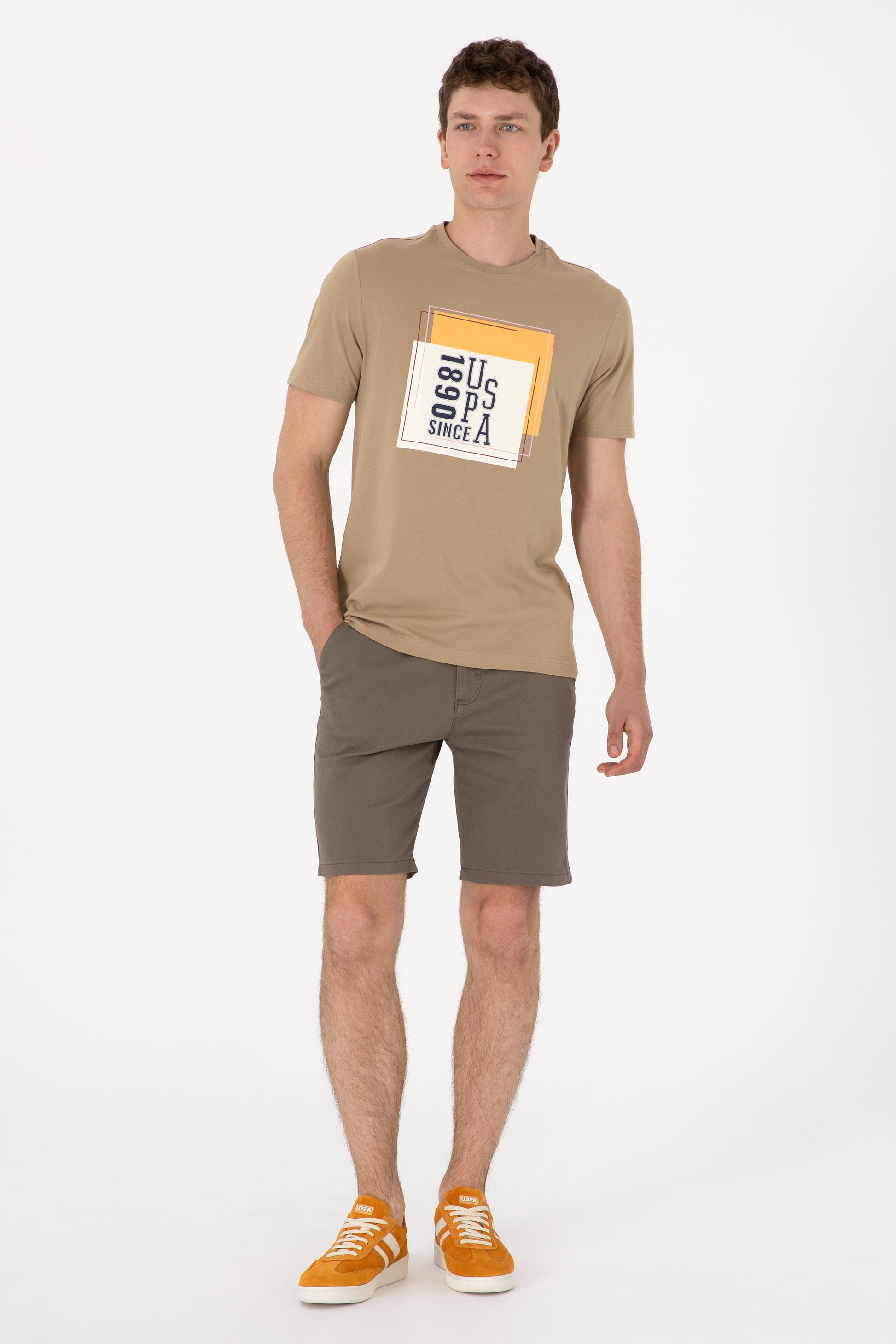 Men's Regular Fit Crew Neck Khaki T-Shirt