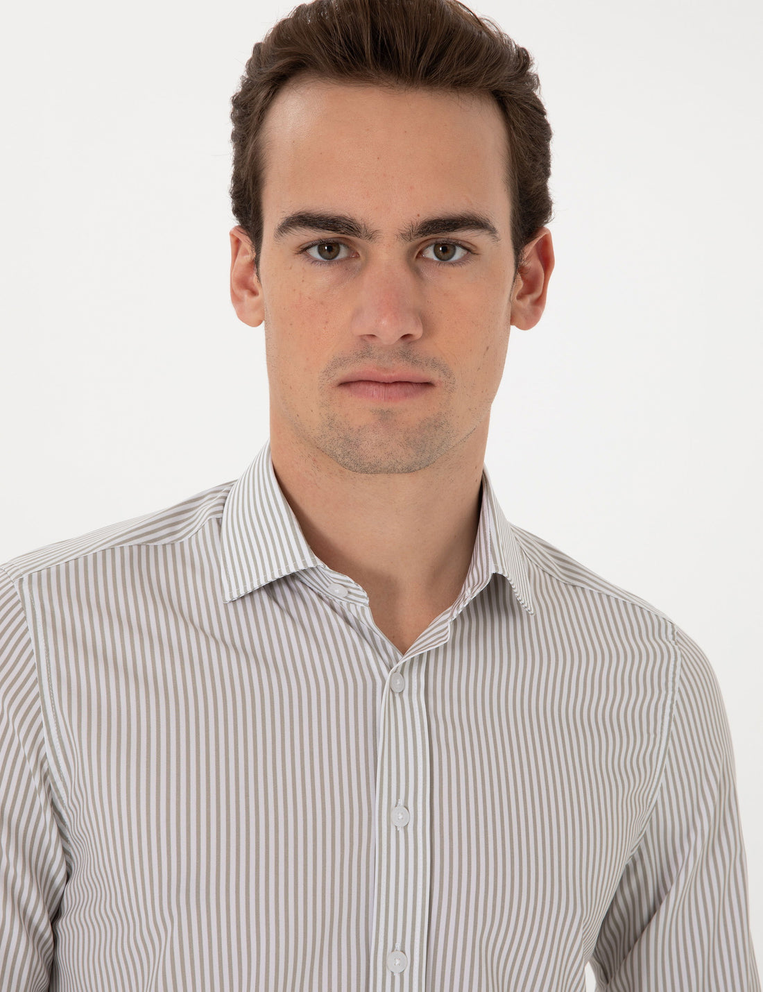 Khaki Striped Ex. Slim Fit Long Sleeve Shirt