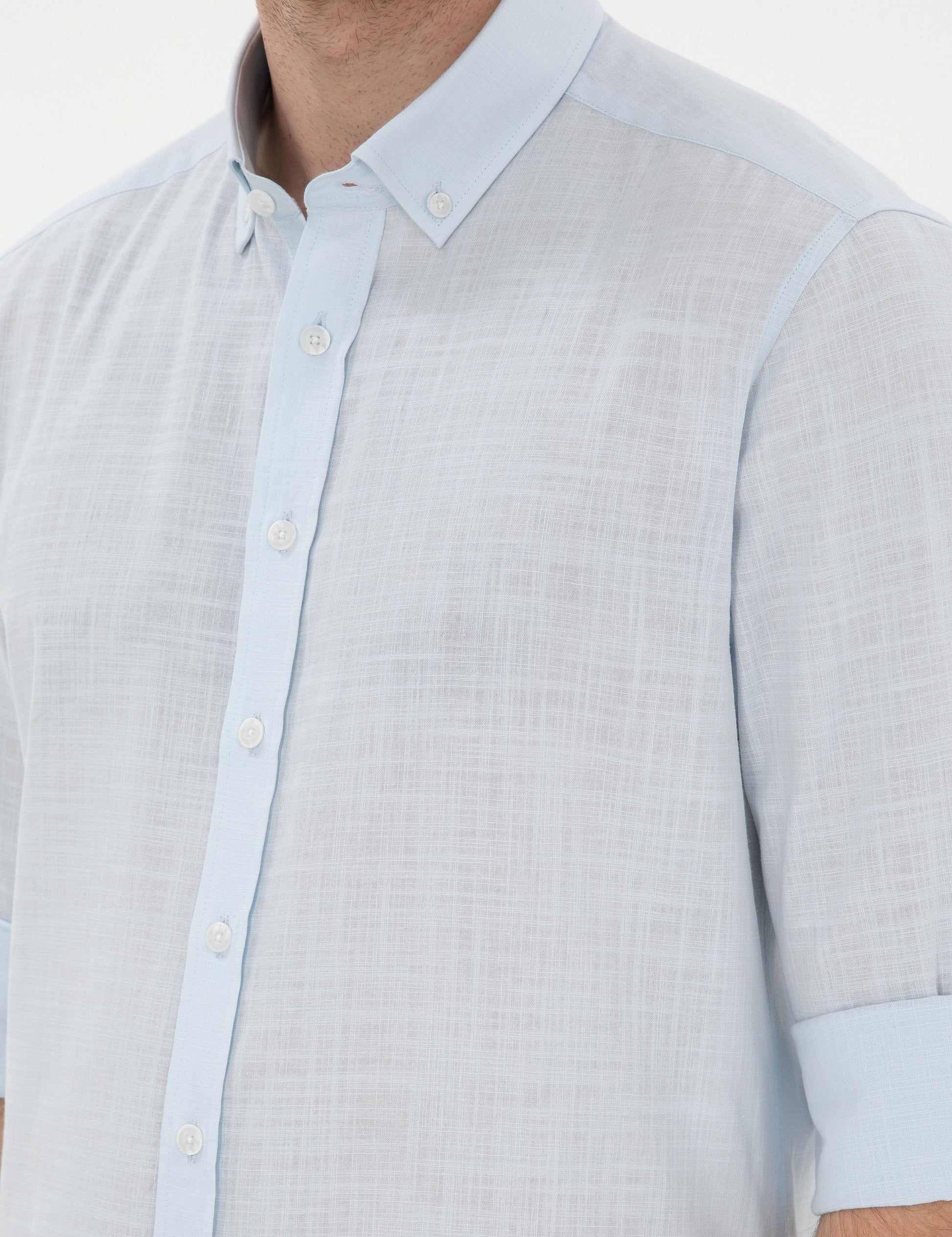 Light Blue Linen Look Slim Fit Long Sleeve Shirt