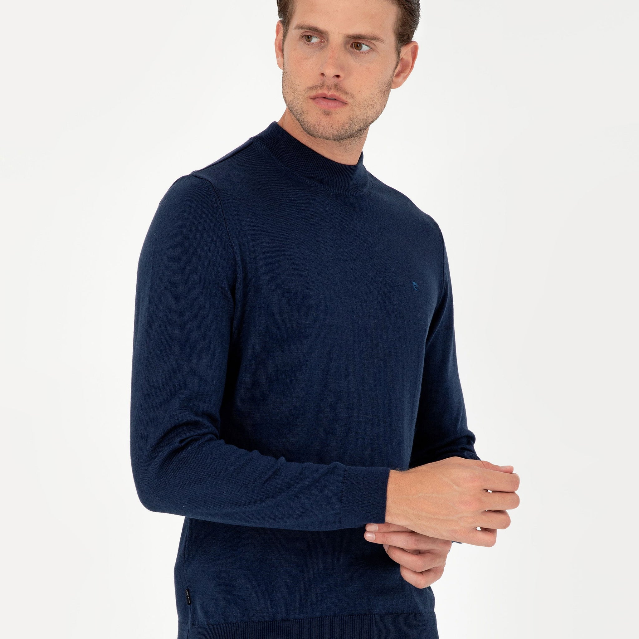 Light Navy Slim Fit Quarter Neck Basic Knitwear Sweater