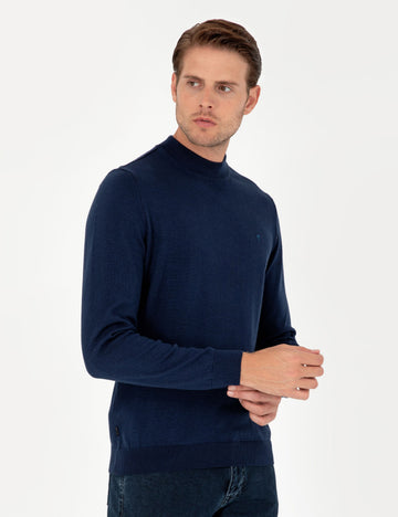 Light Navy Slim Fit Quarter Neck Basic Knitwear Sweater