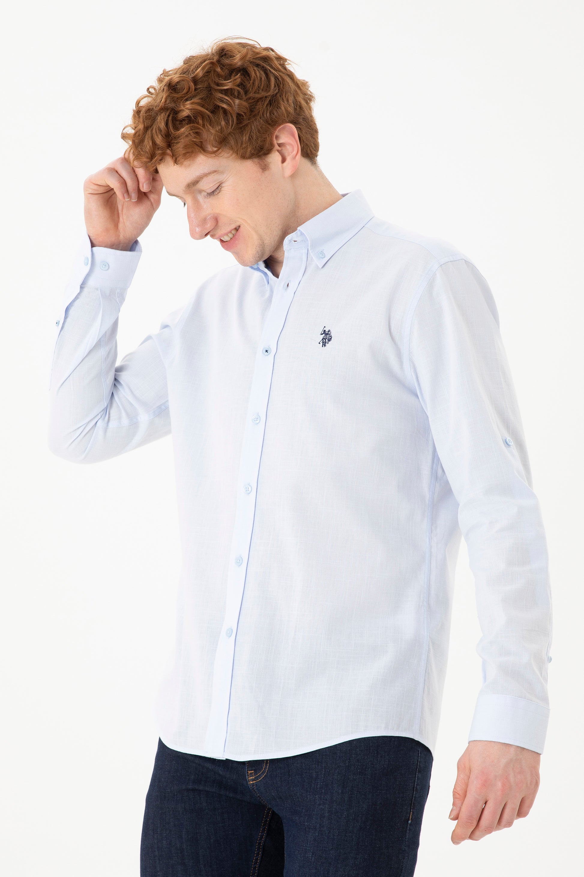 Men's Linen Look Light Blue Basic Shirt