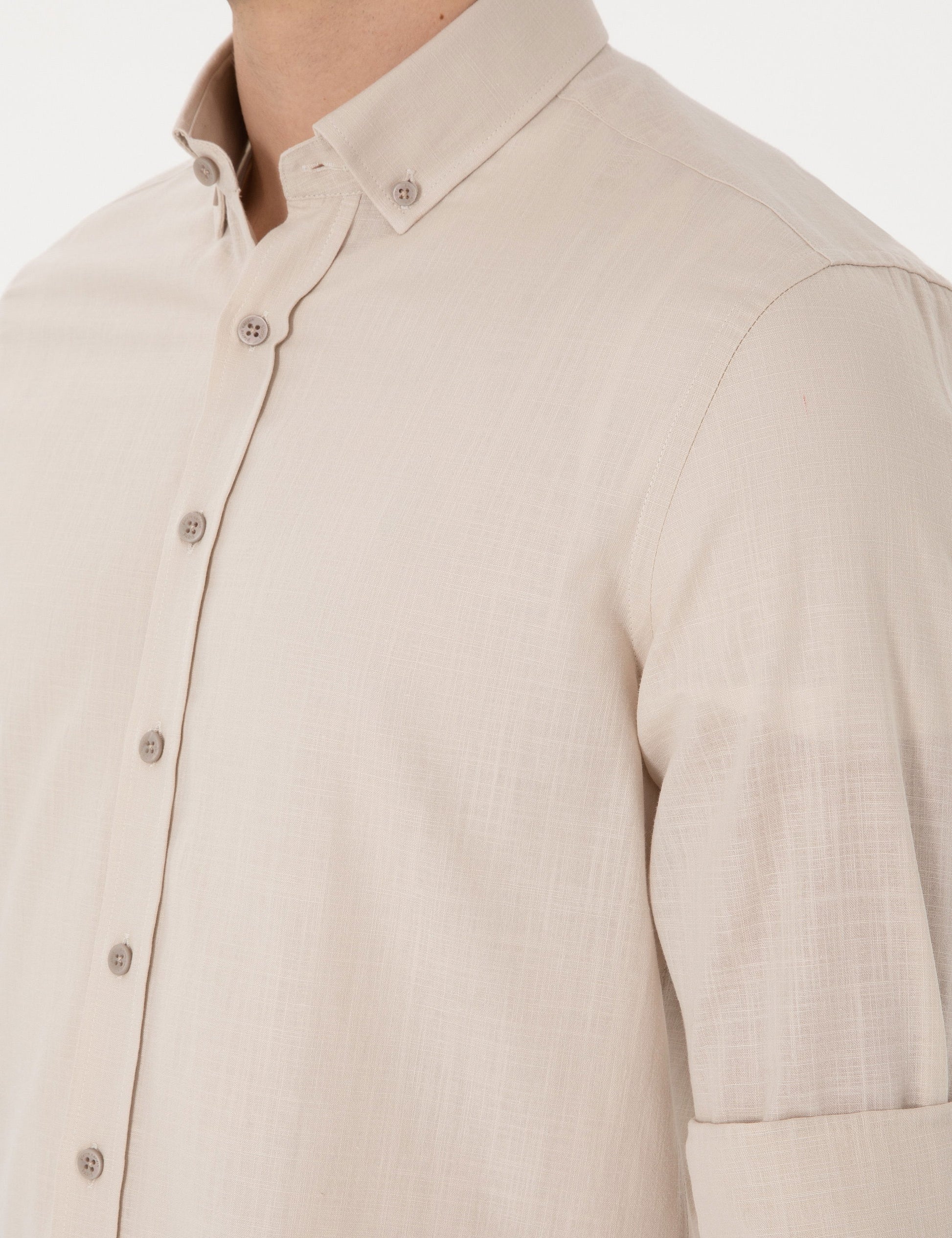 Beige Linen Look Slim Fit Long Sleeve Shirt