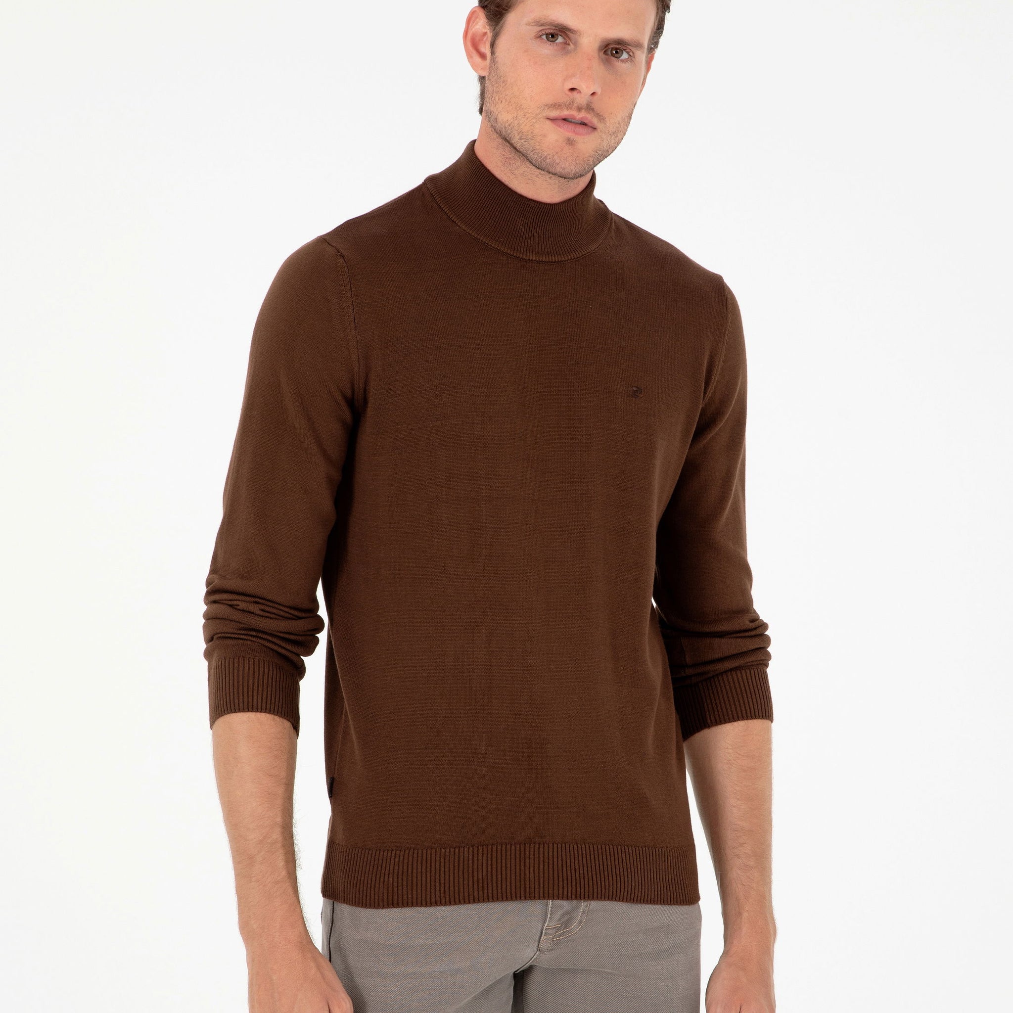 Dark Brown Slim Fit Half Turtleneck Basic Sweater Sweater