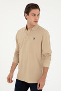 Men's Regular Fit Polo Collar Sand Basic Sweatshirt