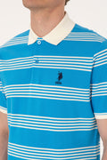 Men's Regular Fit Polo Neck Turquoise Striped T-Shirt