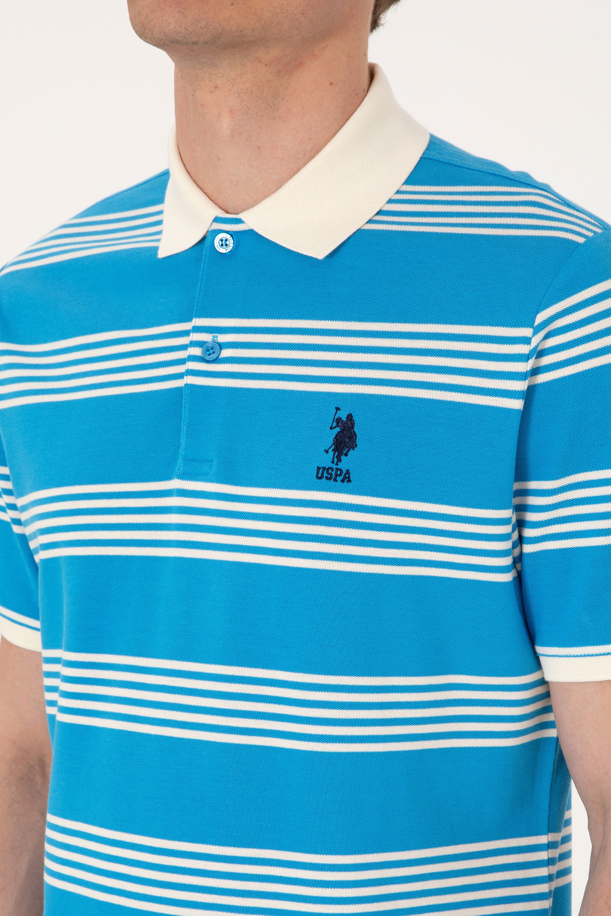 Men's Regular Fit Polo Neck Turquoise Striped T-Shirt
