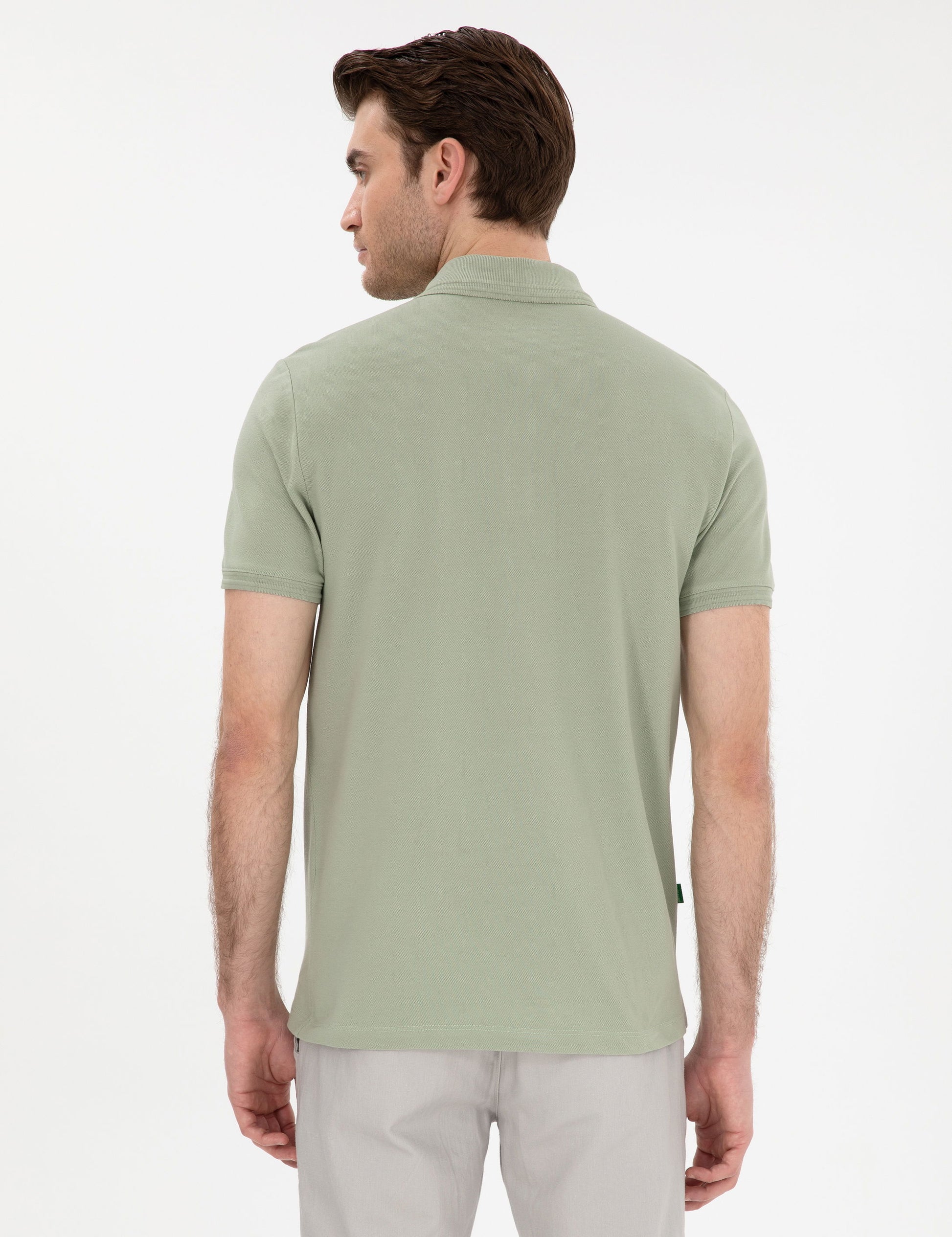 Cagla Green Slim Fit 100% Cotton Polo Neck Basic T-Shirt