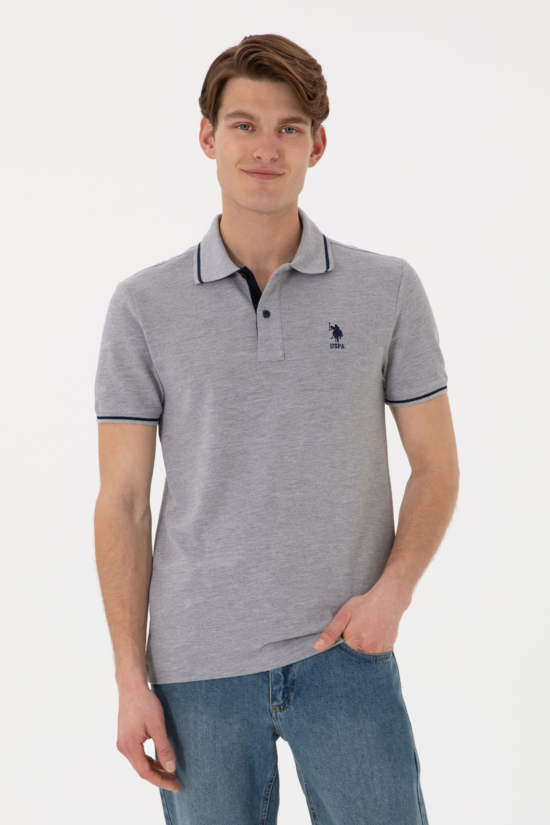 Men's Slim Fit Polo Neck Grey Melange Basic T-Shirt