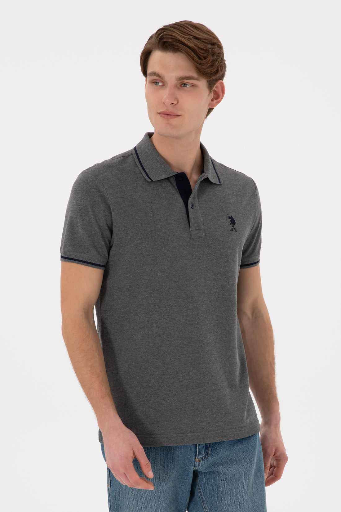 Men's Slim Fit Polo Neck Anthracite Melange Basic T-Shirt