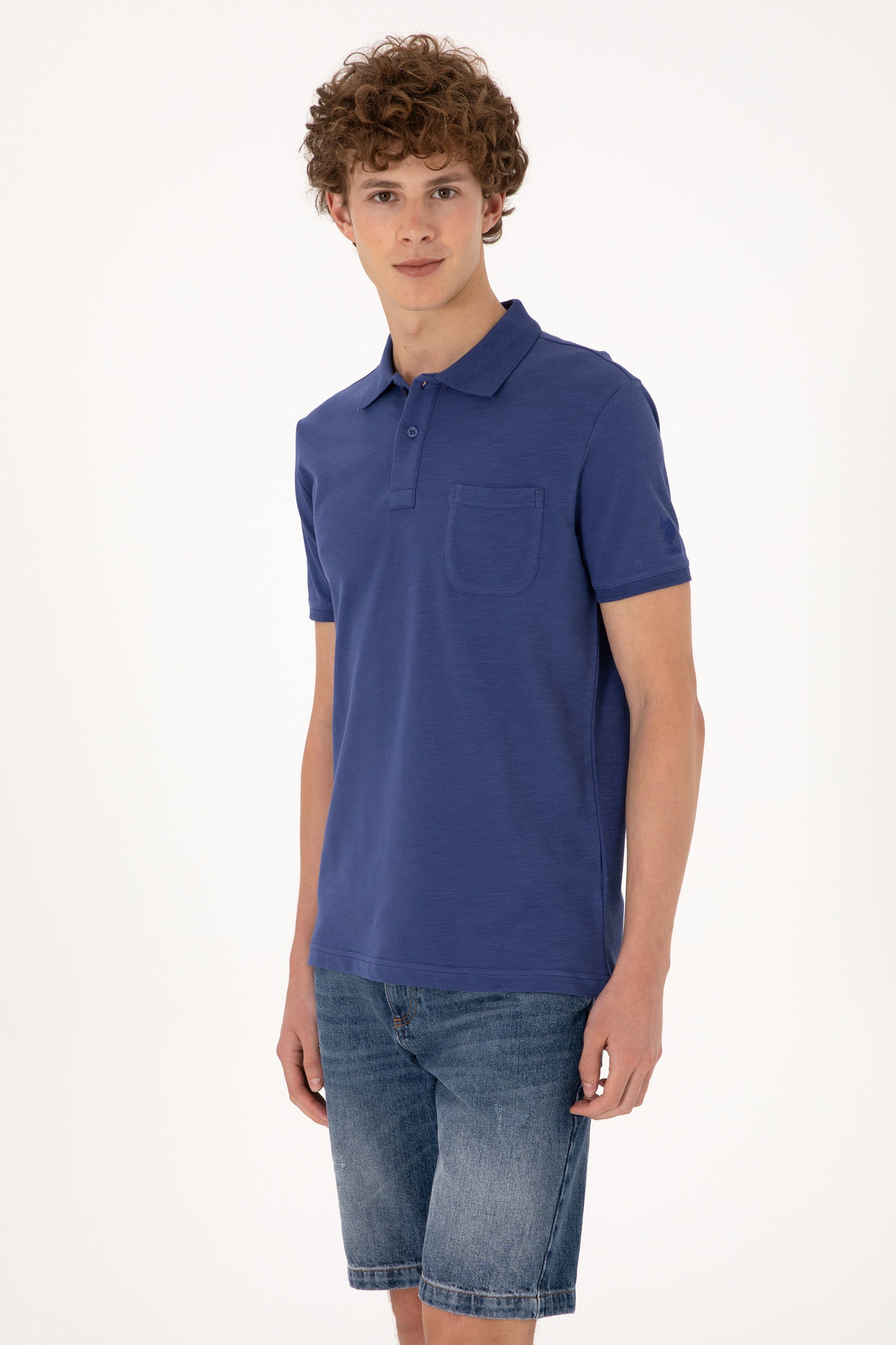 Men's Slim Fit Draped Polo Neck Light Navy T-Shirt
