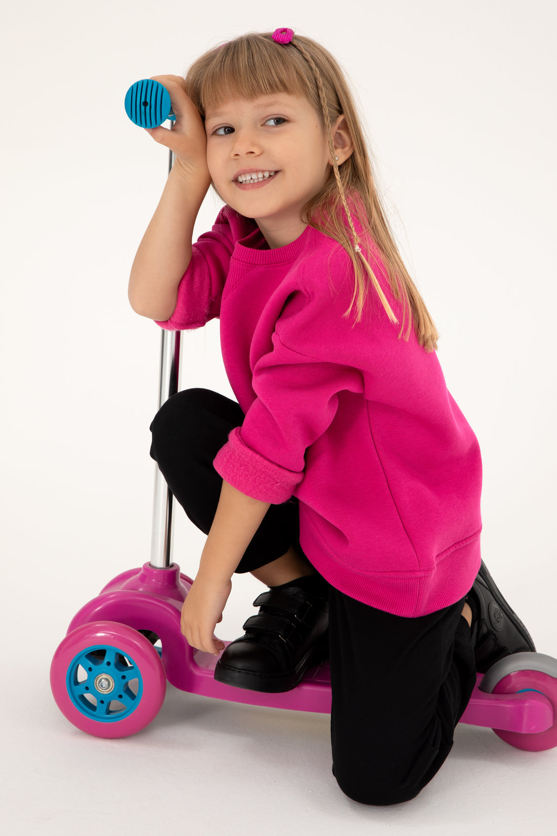 Girls' Fuchsia Basic Crew Neck Sweatshirt
