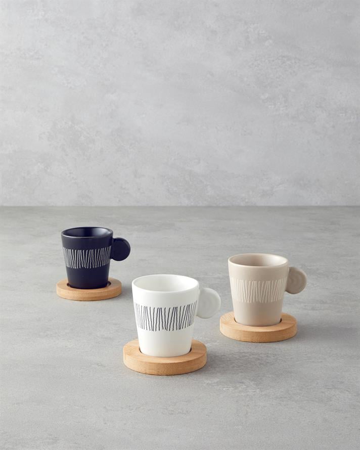 Bona Stoneware 6 Pieces 3 Person Coffee Cup Set 70 ml Black-White-Beige